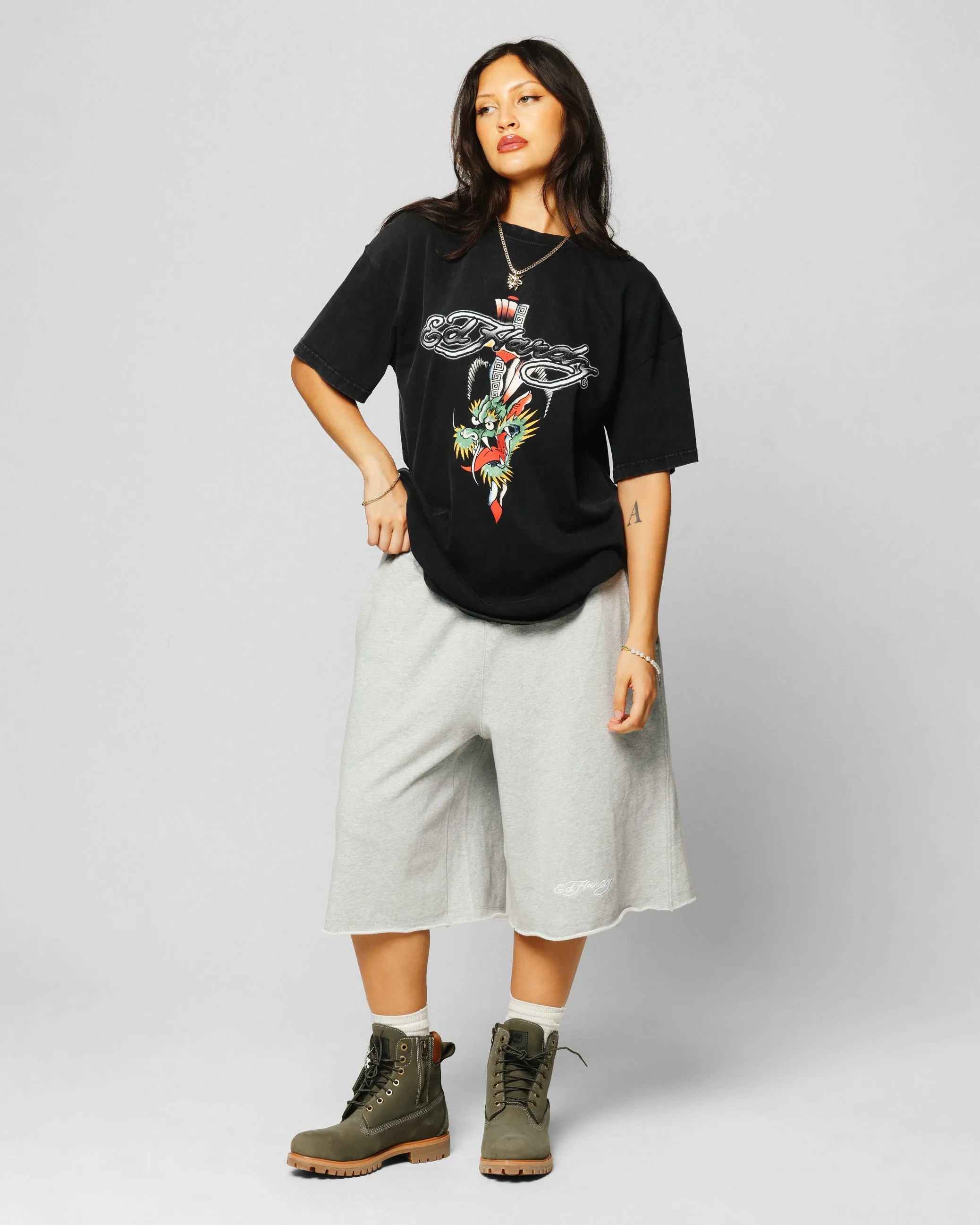 Ed Hardy Dragon Logo T-Shirt Black Acidwash Travel convenience Foam Print Detail