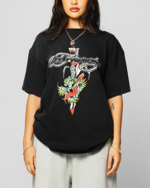 Ed Hardy Dragon Logo T-Shirt Black Acidwash Light Comfort