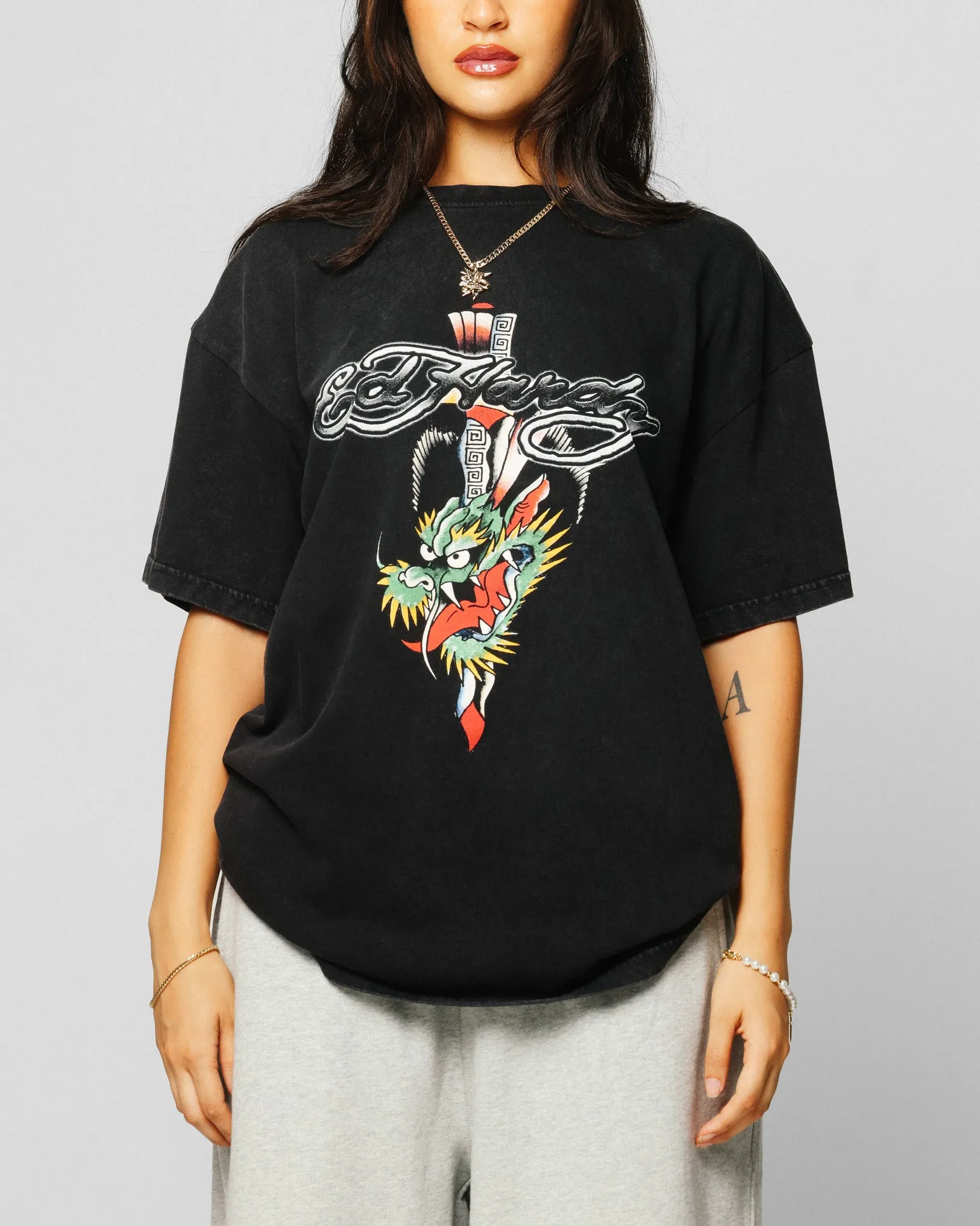 Ed Hardy Dragon Logo T-Shirt Black Acidwash Light Comfort