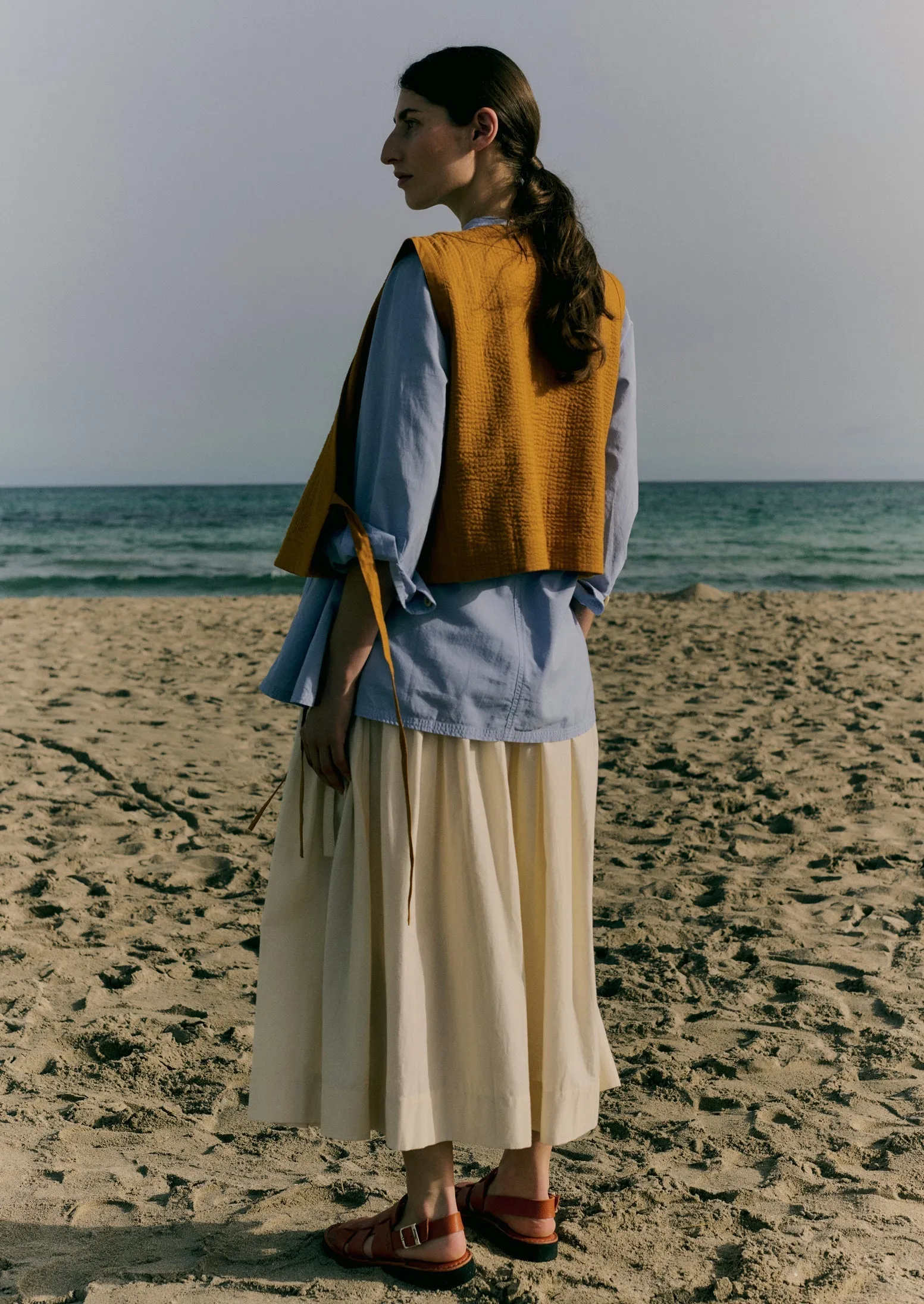Light Comfort Pleated Cotton Linen Skirt | Ecru