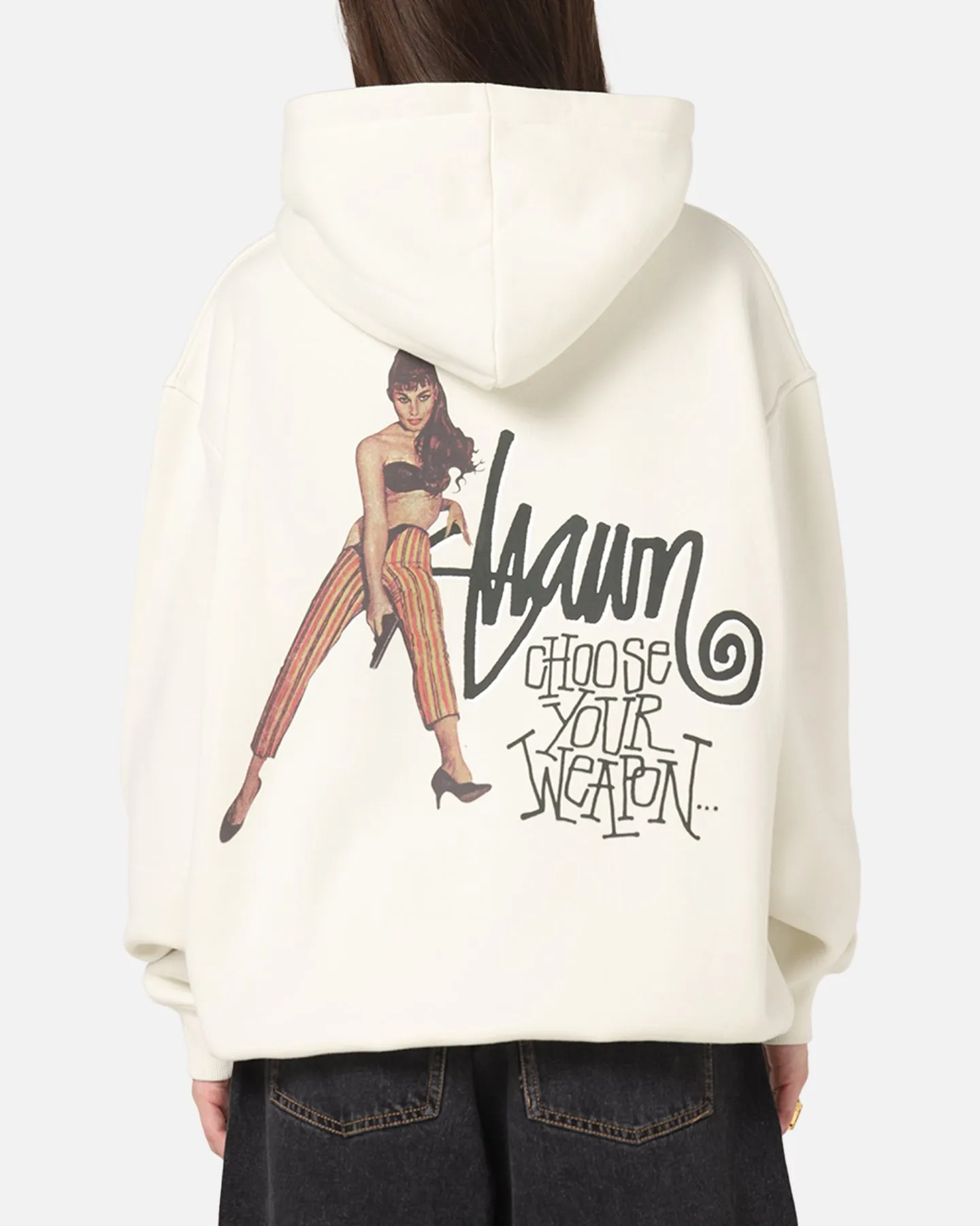 S Double Choose Your Weapon Hoodie Washed White Adjustable drawstring Travel Comfort