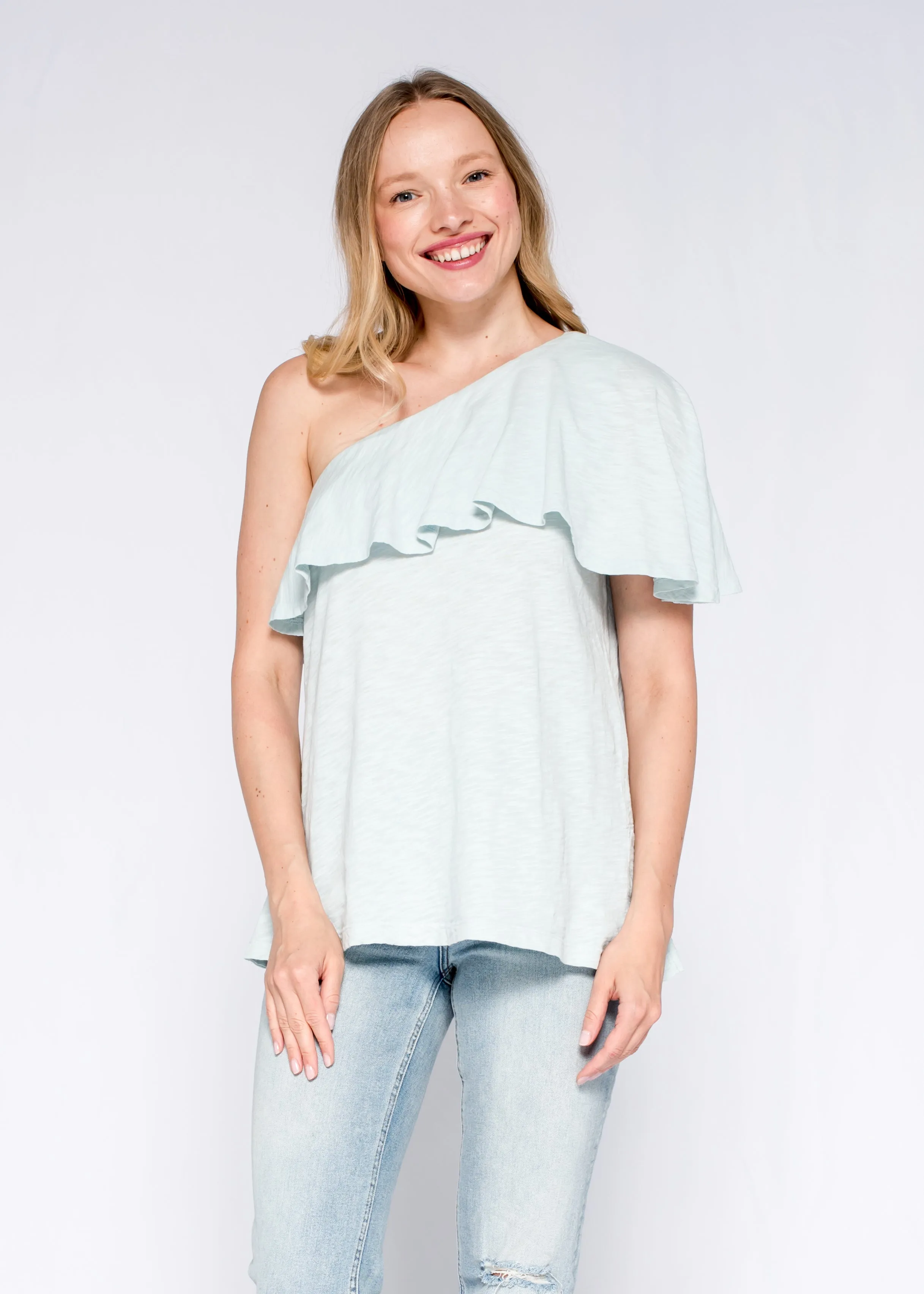 Casual Fit One Shoulder Ruffled Tunic Shifted Hem Top