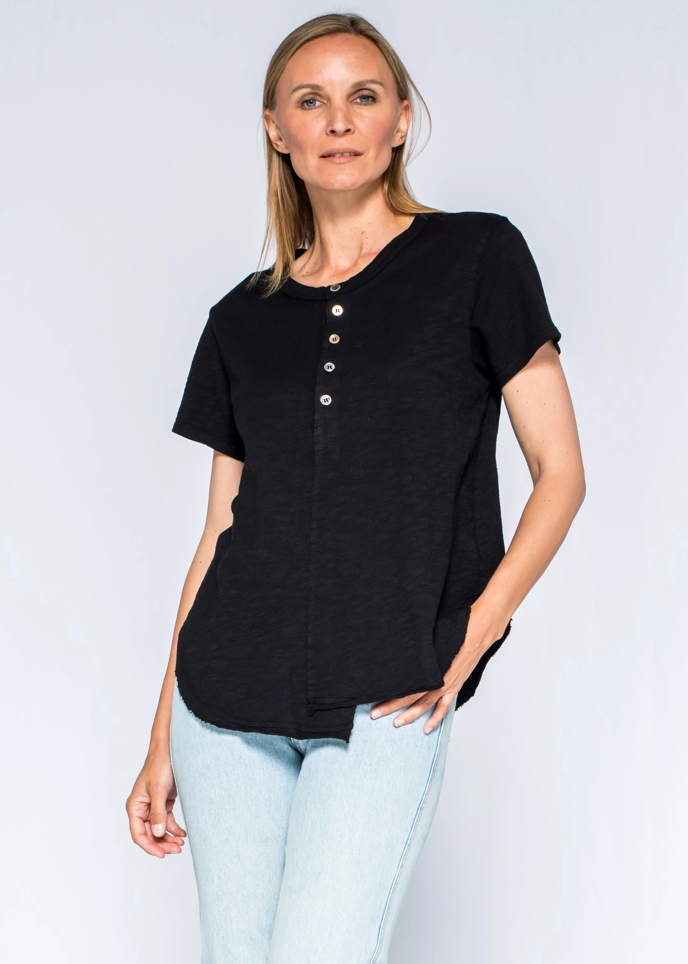 Durable Style Shifted Shrunken Henley Short Sleeve Tee
