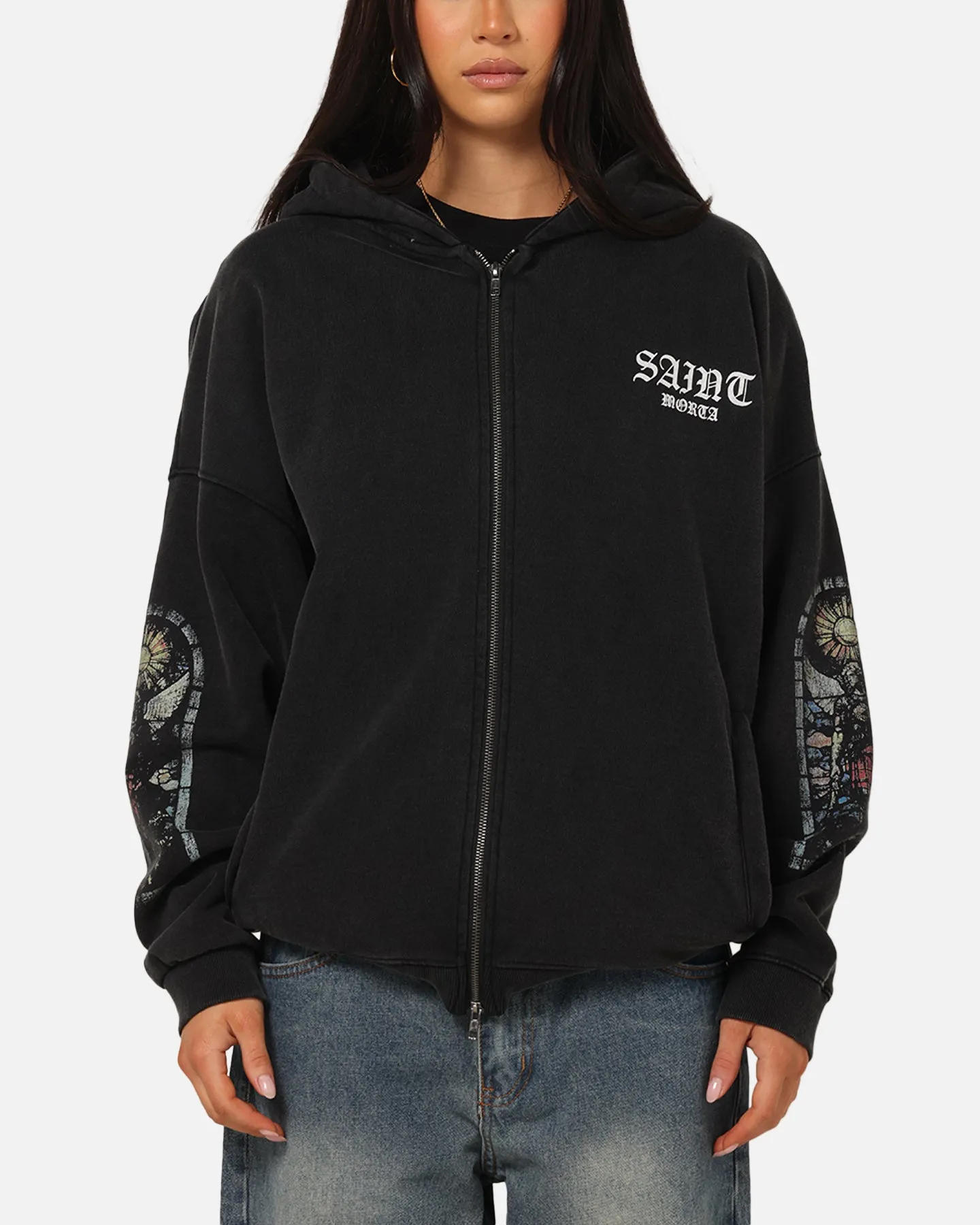 Cozy Vibe Saint Morta Kingdomcome Boxy Zip Hoodie Black