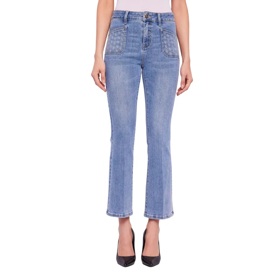 Gaud?? pantalone jeans da donna a vita alta con strass alle tasche a zampa 511BD26004 00 blu chiaro Neutral Look