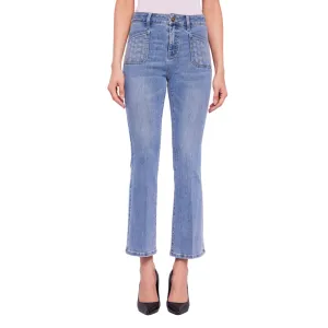 Gaud?? pantalone jeans da donna a vita alta con strass alle tasche a zampa 511BD26004 00 blu chiaro Travel Light