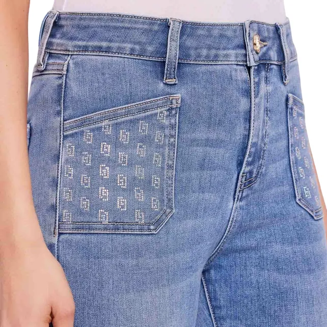 Gaud?? pantalone jeans da donna a vita alta con strass alle tasche a zampa 511BD26004 00 blu chiaro Sleek Comfort
