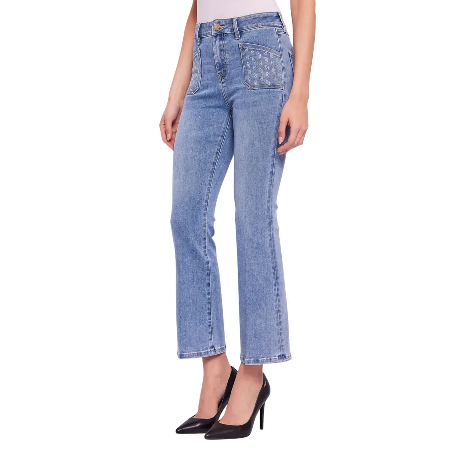 Gaud?? pantalone jeans da donna a vita alta con strass alle tasche a zampa 511BD26004 00 blu chiaro Daily Look Stain Release Finish