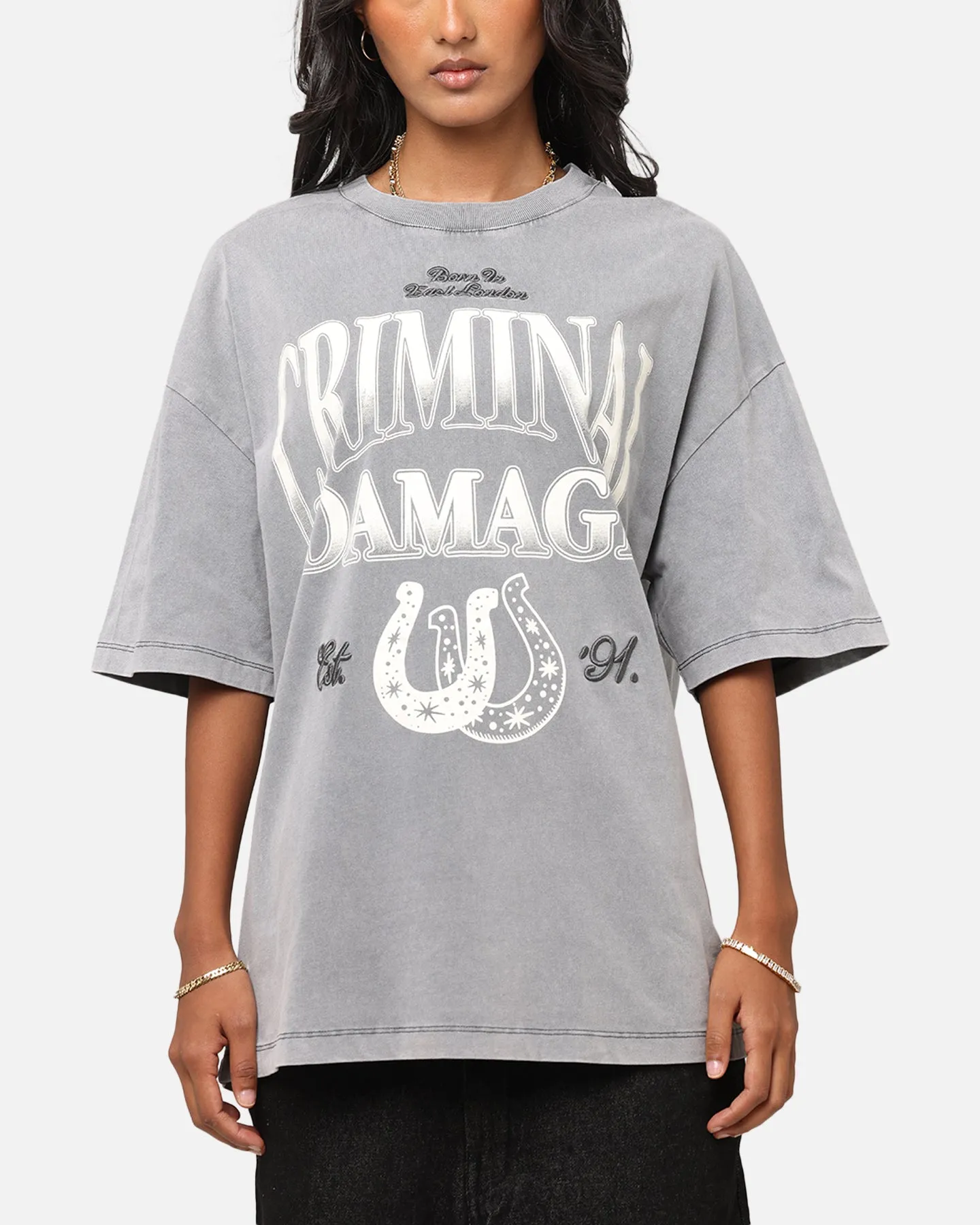 Skin Friendly Blends Trendy Fashion Criminal Damage Horseshoe T-Shirt Washed Black
