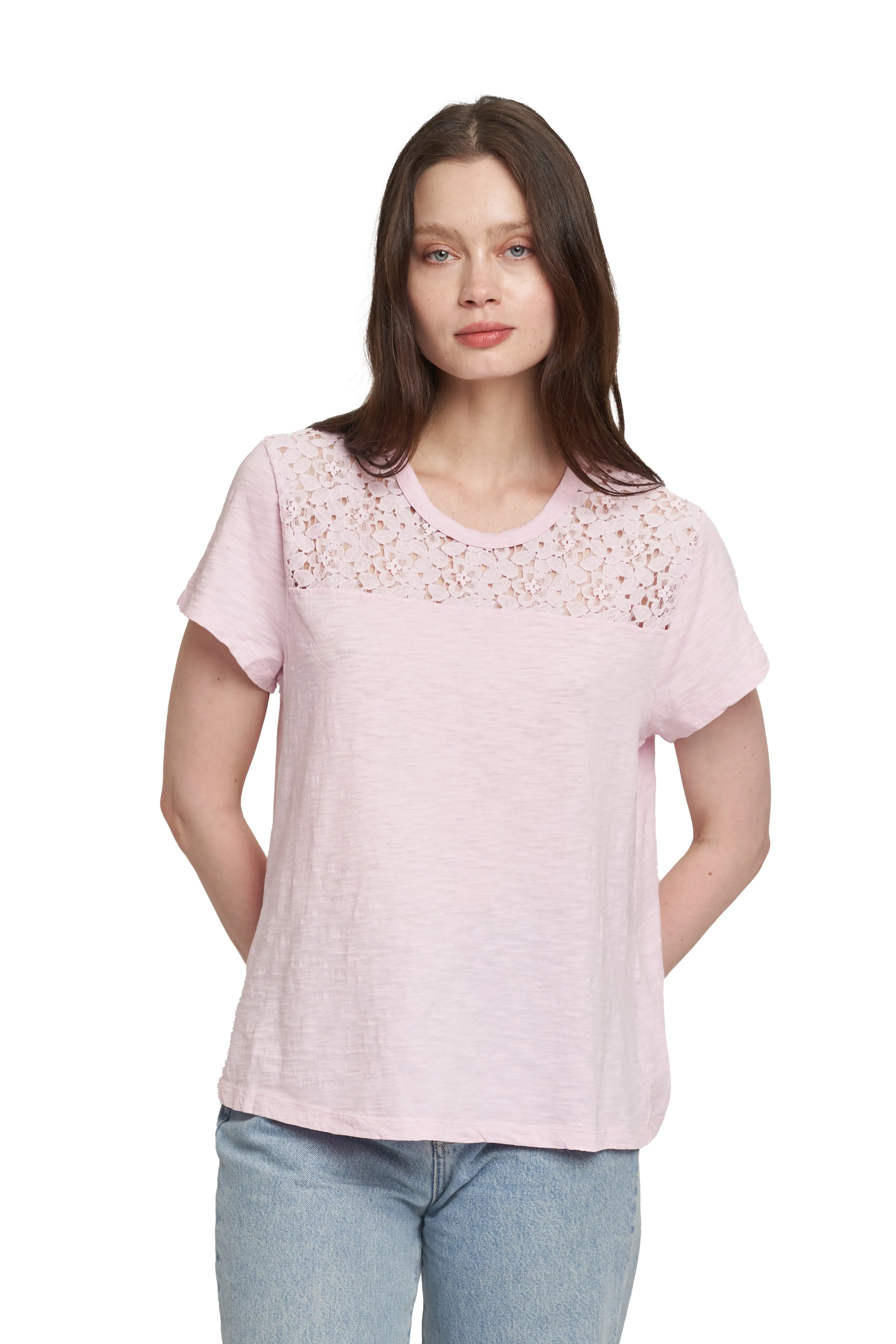 Easy Short Sleeve Crew Lace Yoke Circular Knit Construction Smart Design