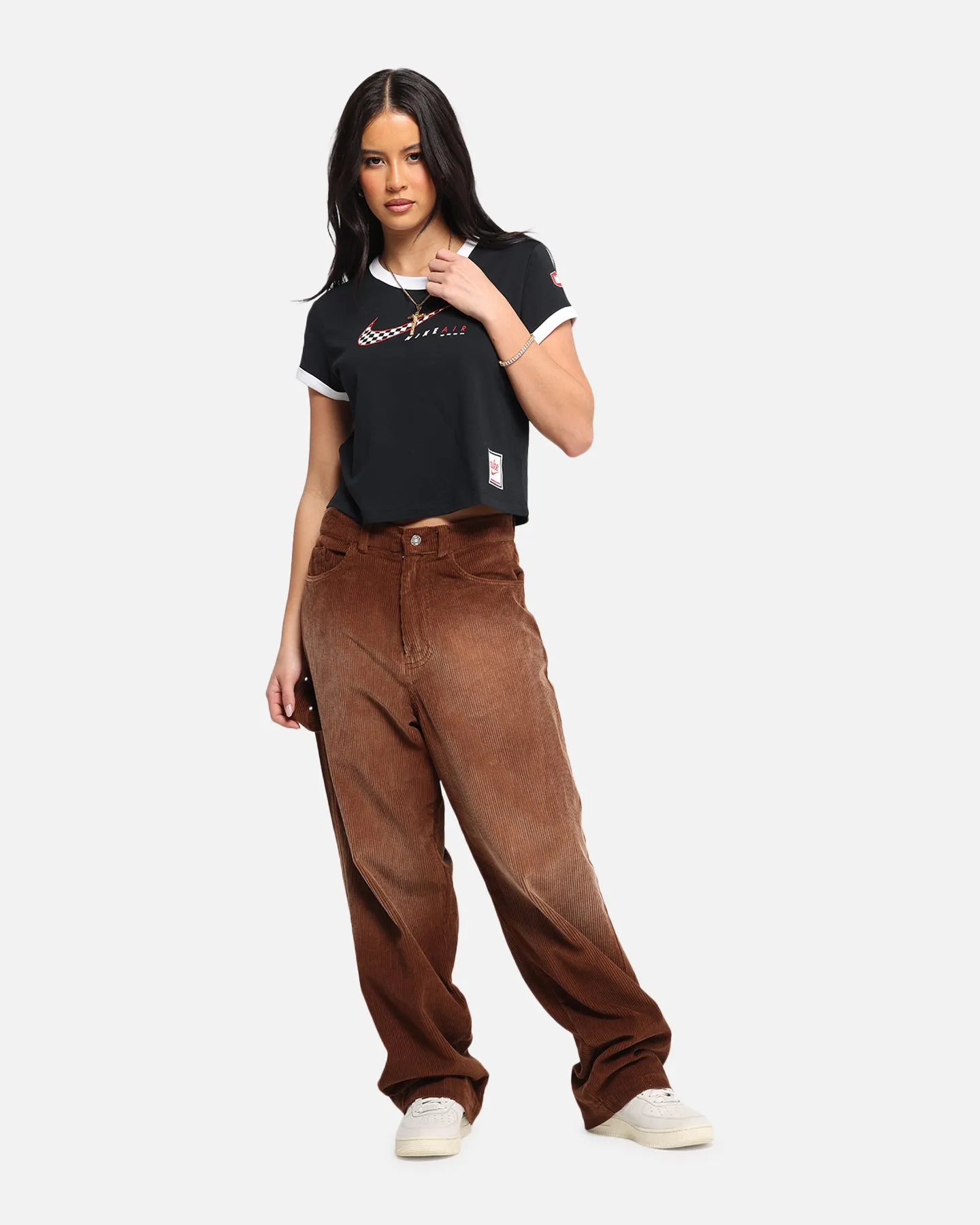 Nike Women's Sportswear Club Moto T-Shirt Black Relaxed Everyday Wear Durable Style