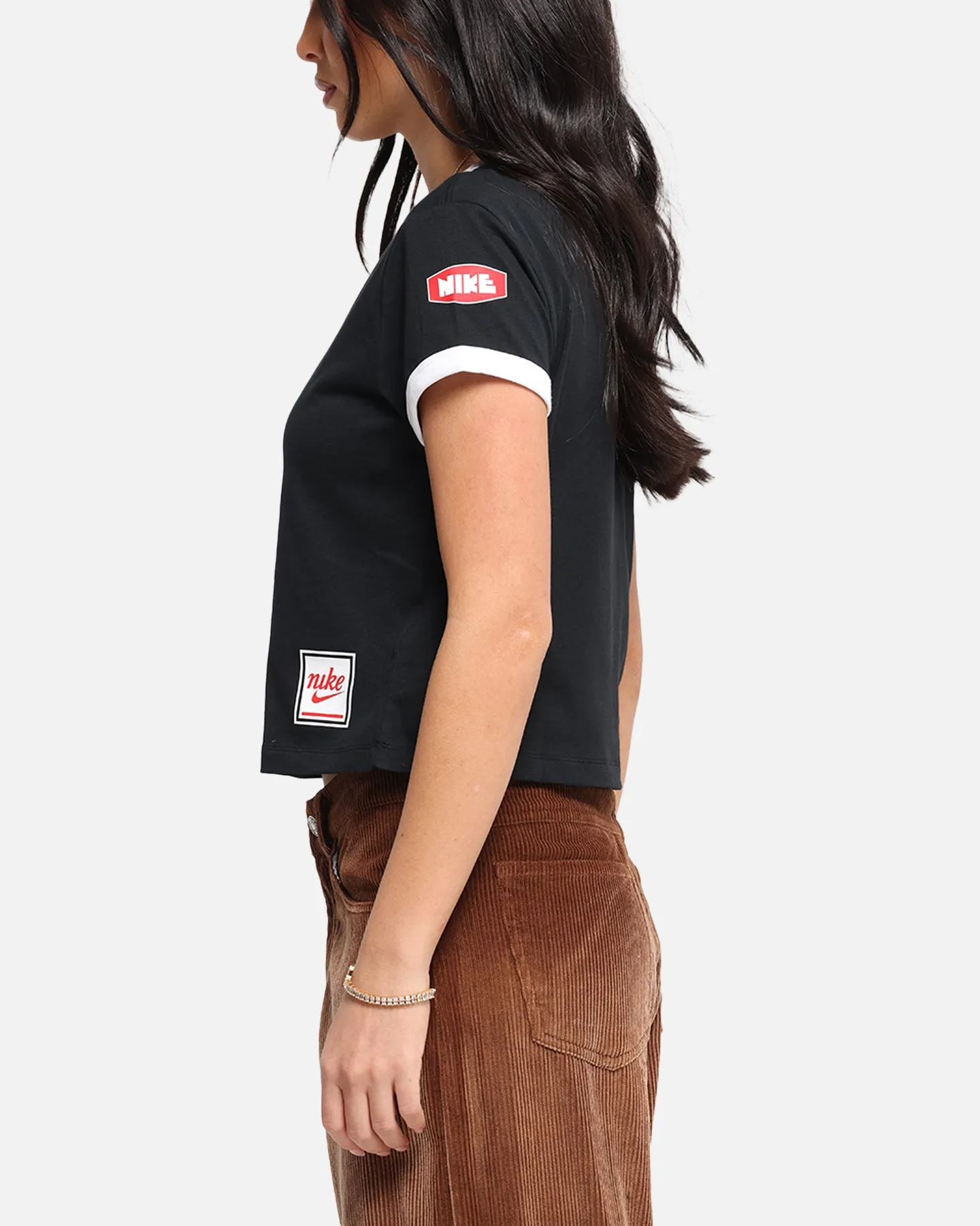 Nike Women's Sportswear Club Moto T-Shirt Black Casual Comfort Top Fashion-Forward Look