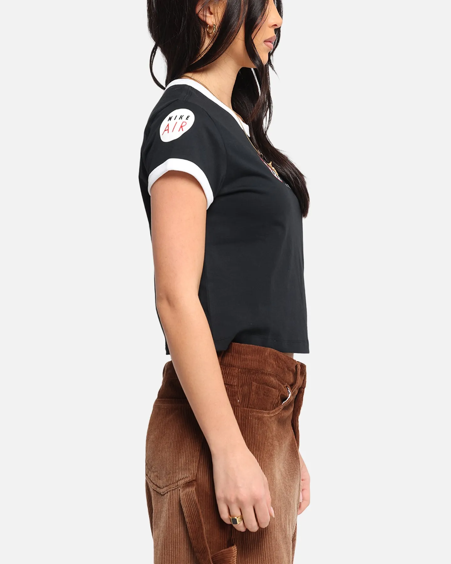 Stretchable Collar Band stain resistant coating Nike Women's Sportswear Club Moto T-Shirt Black