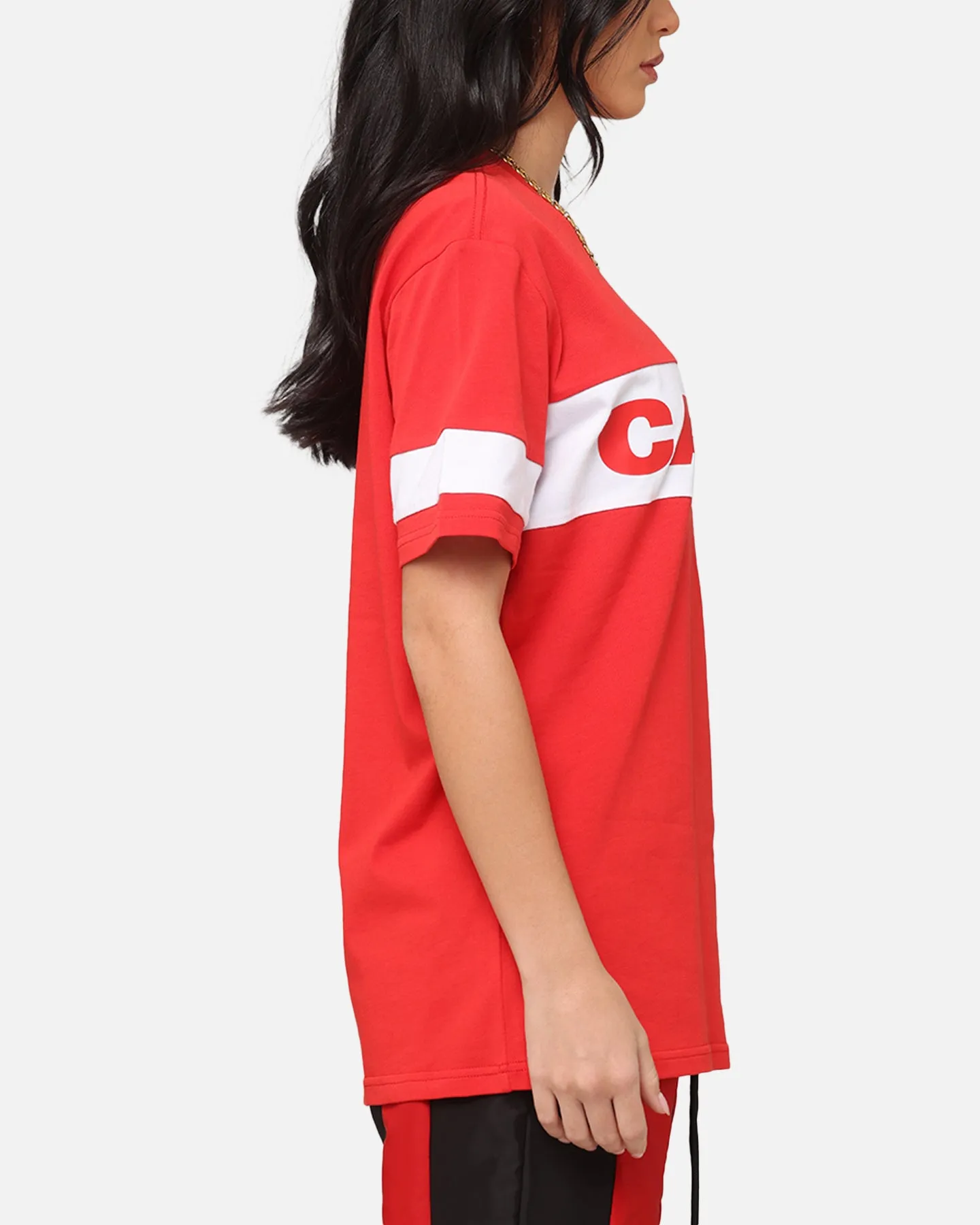 V neck Classic Wearable Carre Bars T-Shirt Red/White