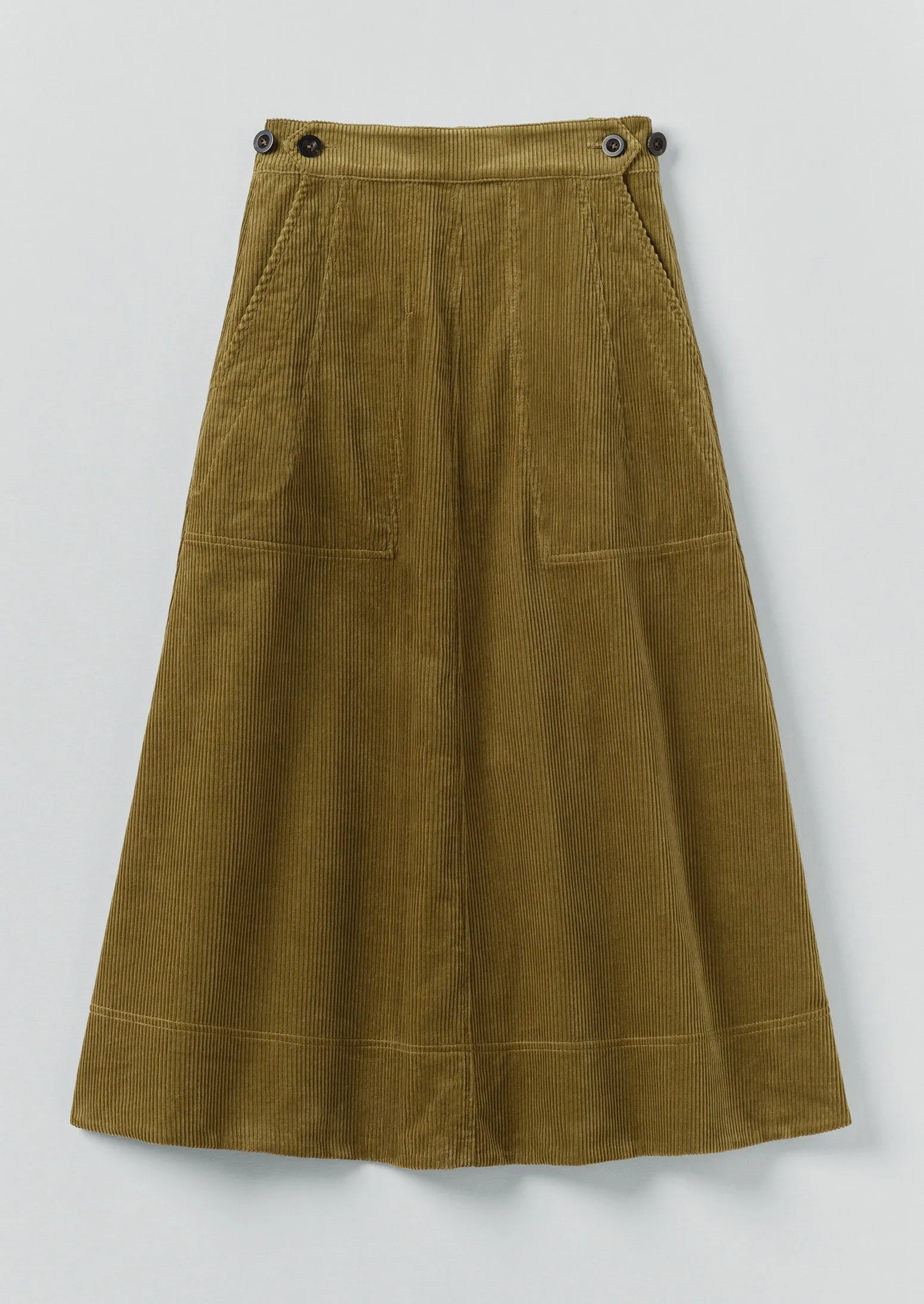 Metallic Finish Organic Cord A Line Skirt | Antique Olive