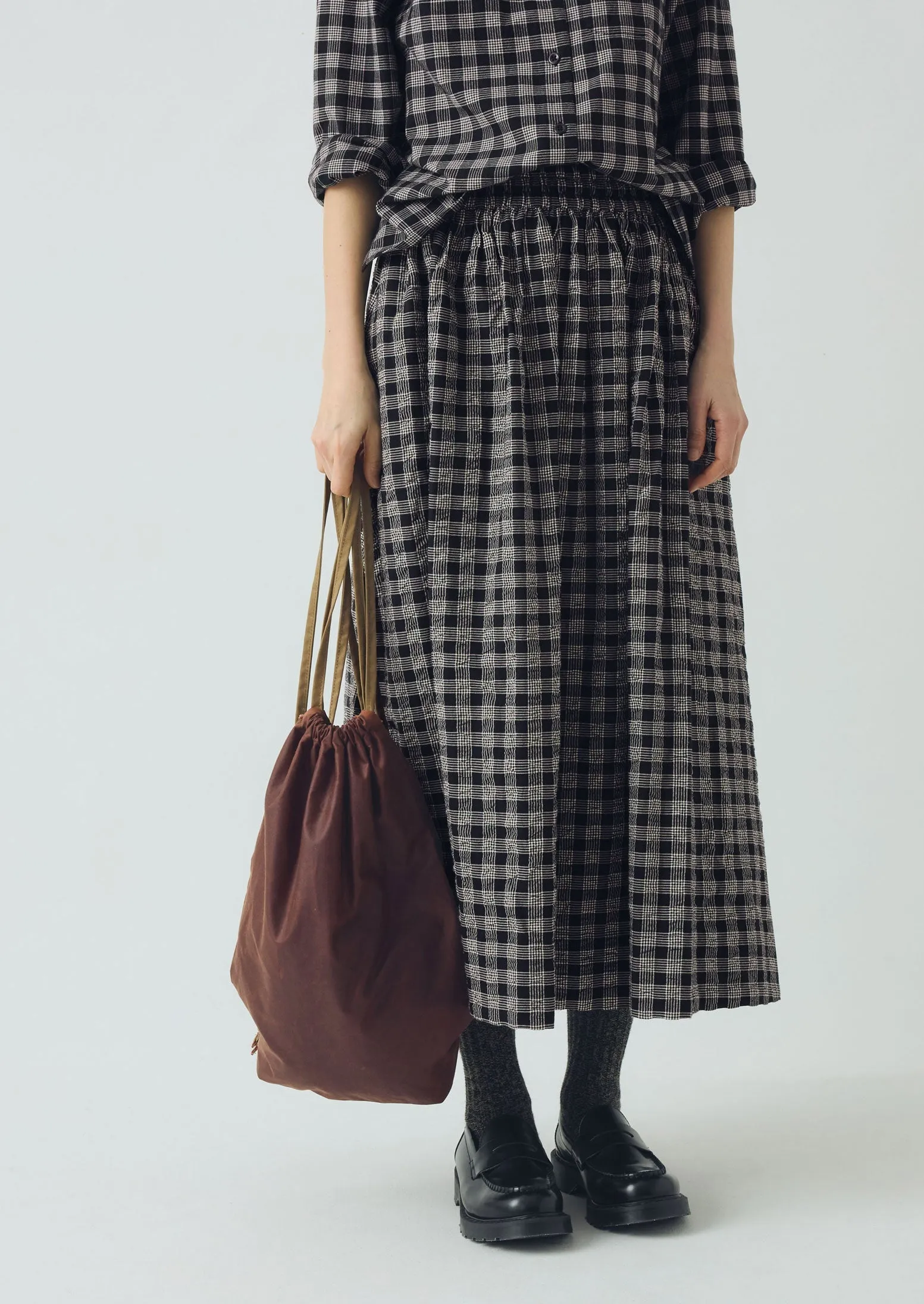 Curvy Fit Binding Check Cotton Seersucker Skirt | Black/Ecru