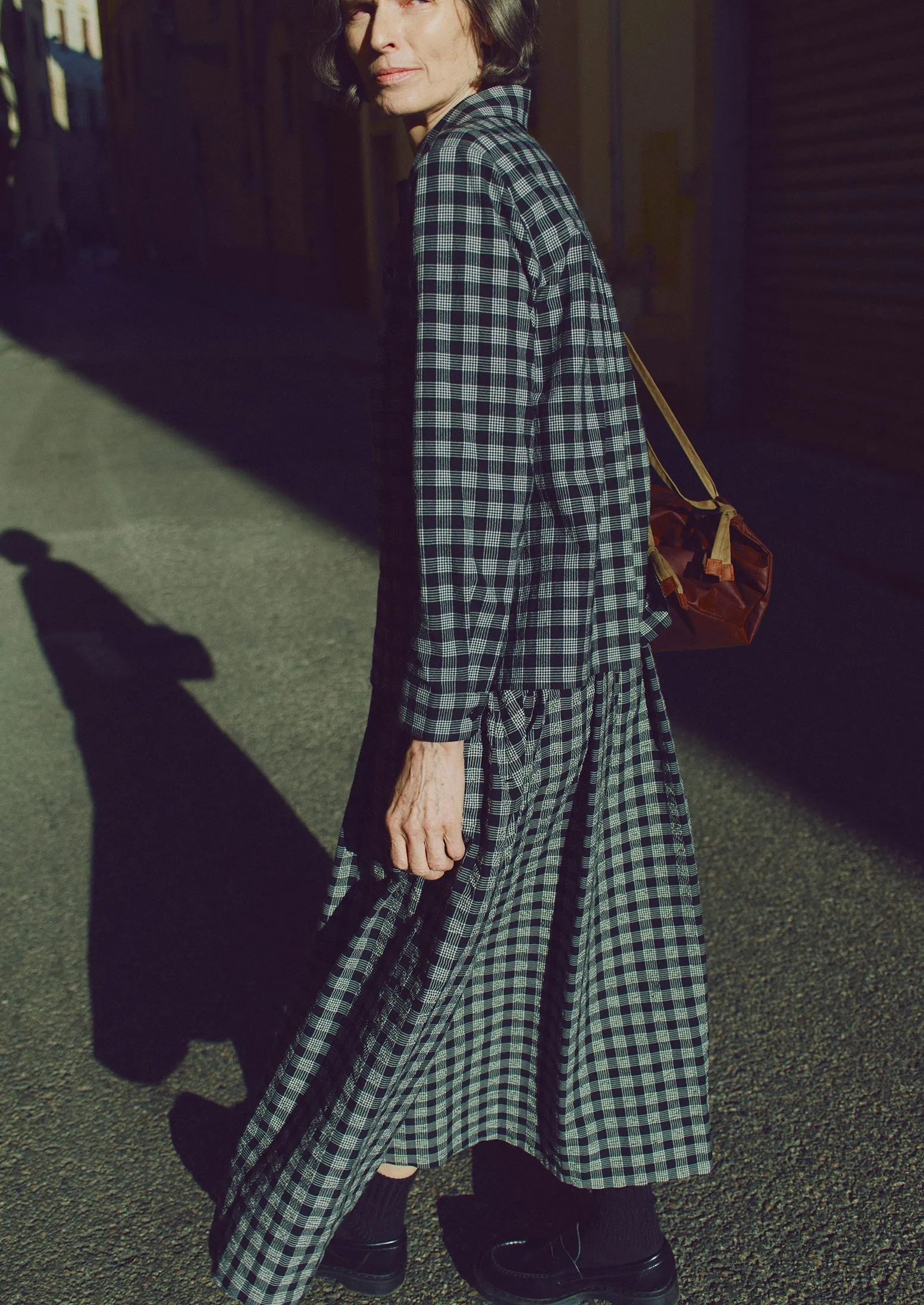 Relaxed Look Binding Check Cotton Seersucker Skirt | Black/Ecru
