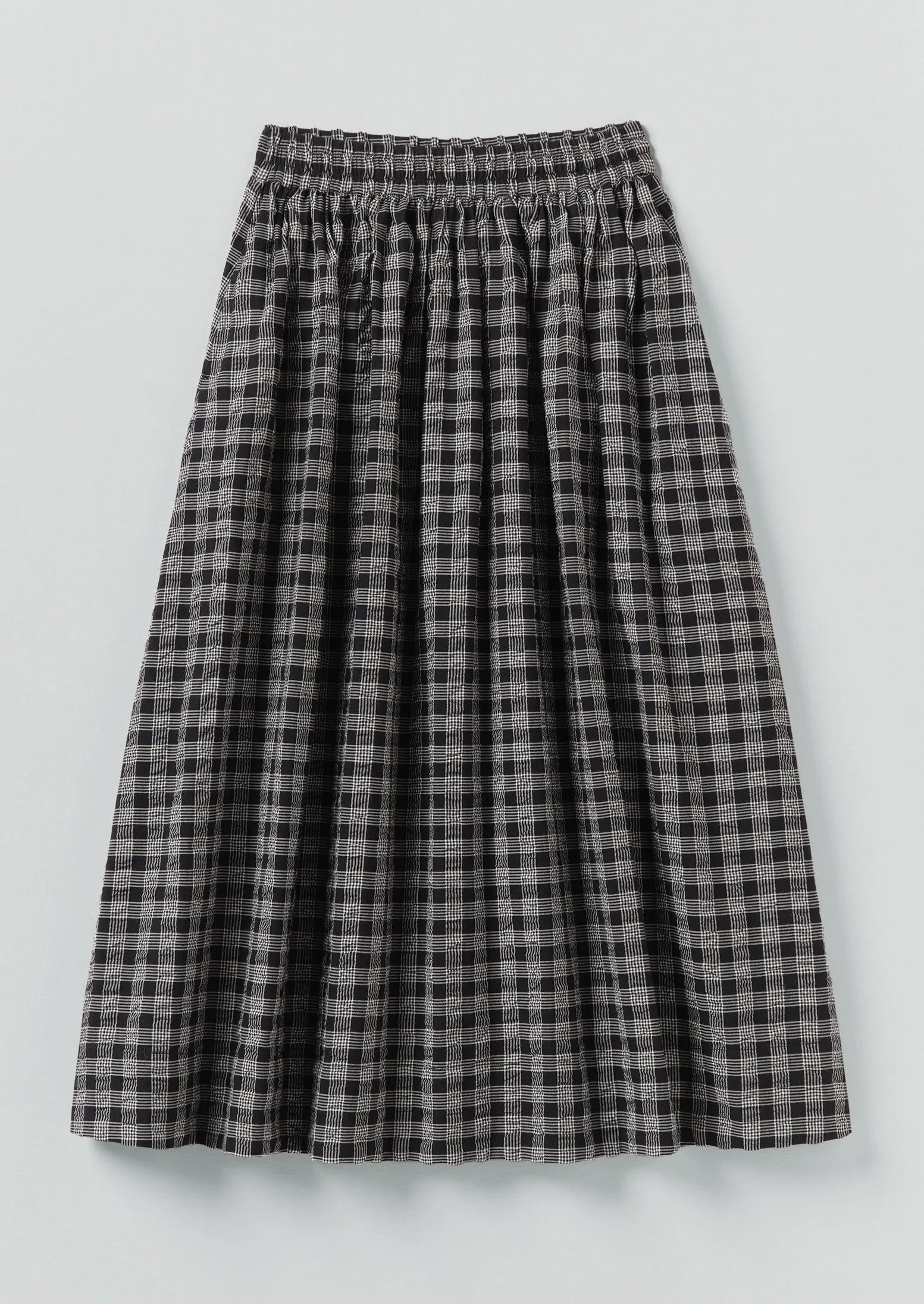 Delicate Texture Detail Focus Binding Check Cotton Seersucker Skirt | Black/Ecru