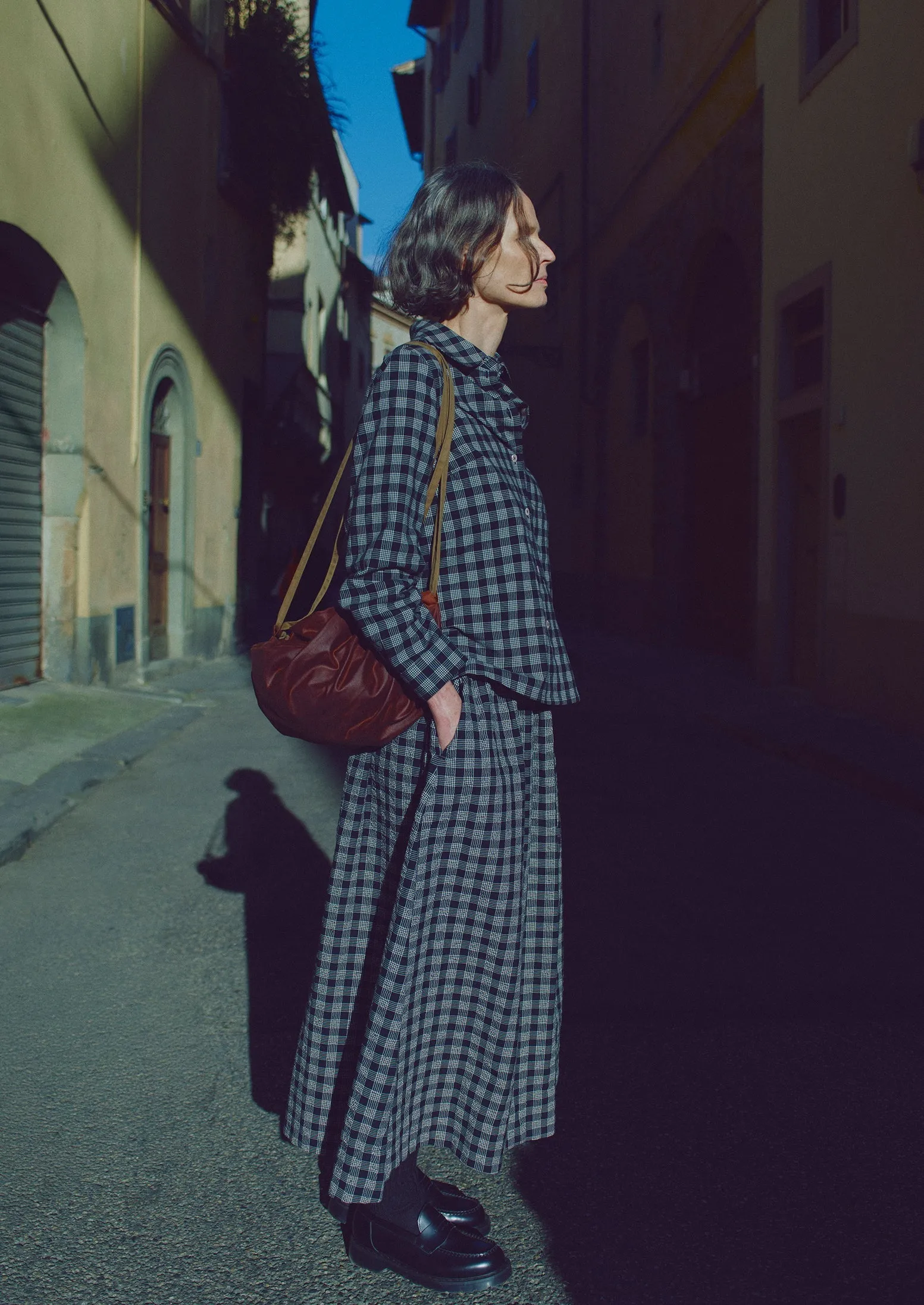 Binding Check Cotton Seersucker Skirt | Black/Ecru Flowy Drape