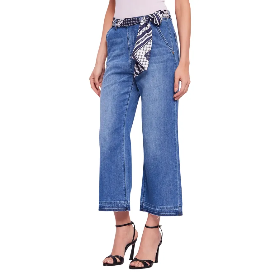 Smart Basic Gaud?? pantalone jeans da donna largo a vita alta con foulard come cintura 511BD26010 blu chiaro