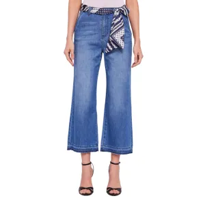 Formal Classic Wear Loose Quick Dry Technology Gaud?? pantalone jeans da donna largo a vita alta con foulard come cintura 511BD26010 blu chiaro
