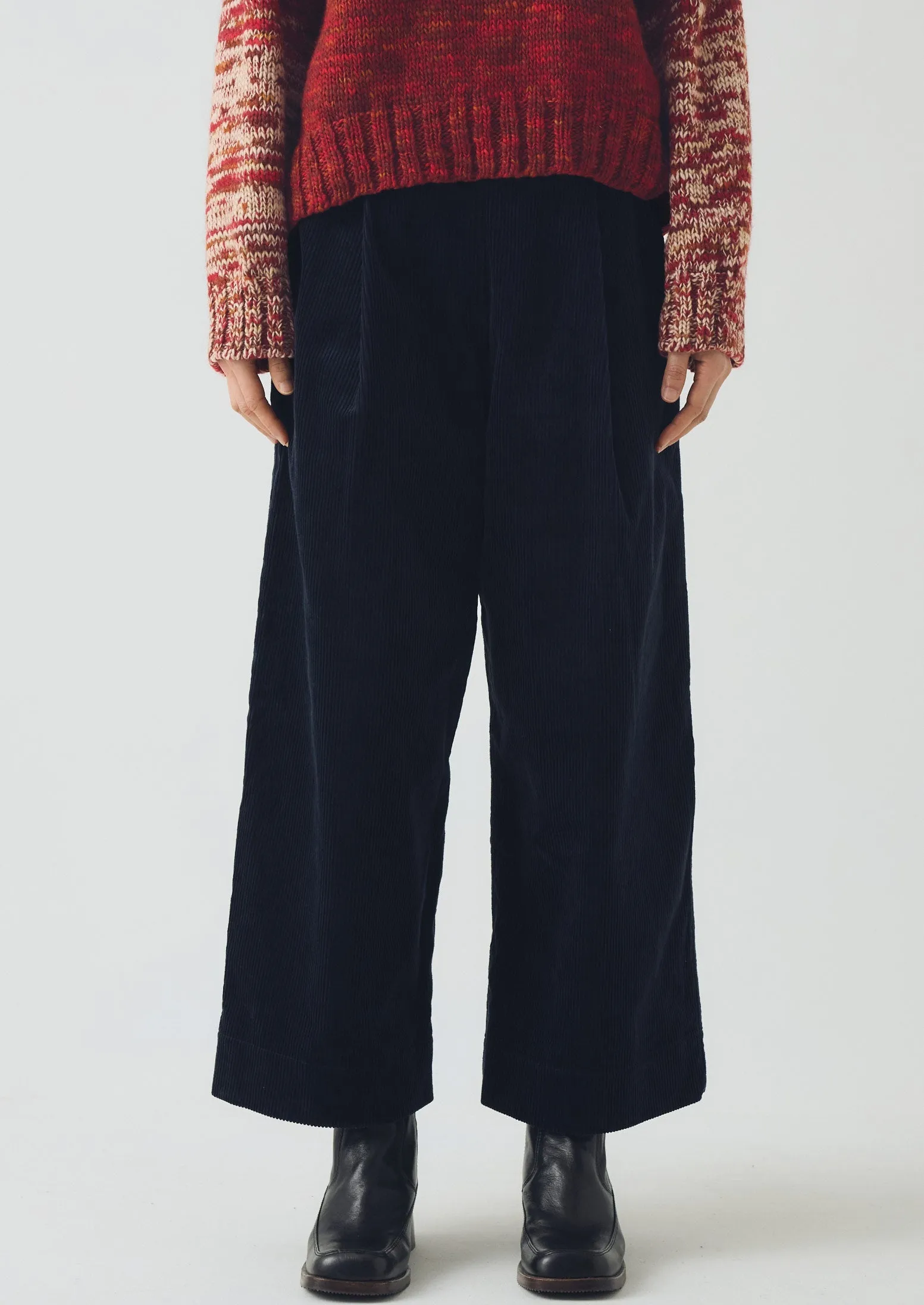 Neutral Shade Tight Fit Organic Cord Pleat Front Pants | Midnight