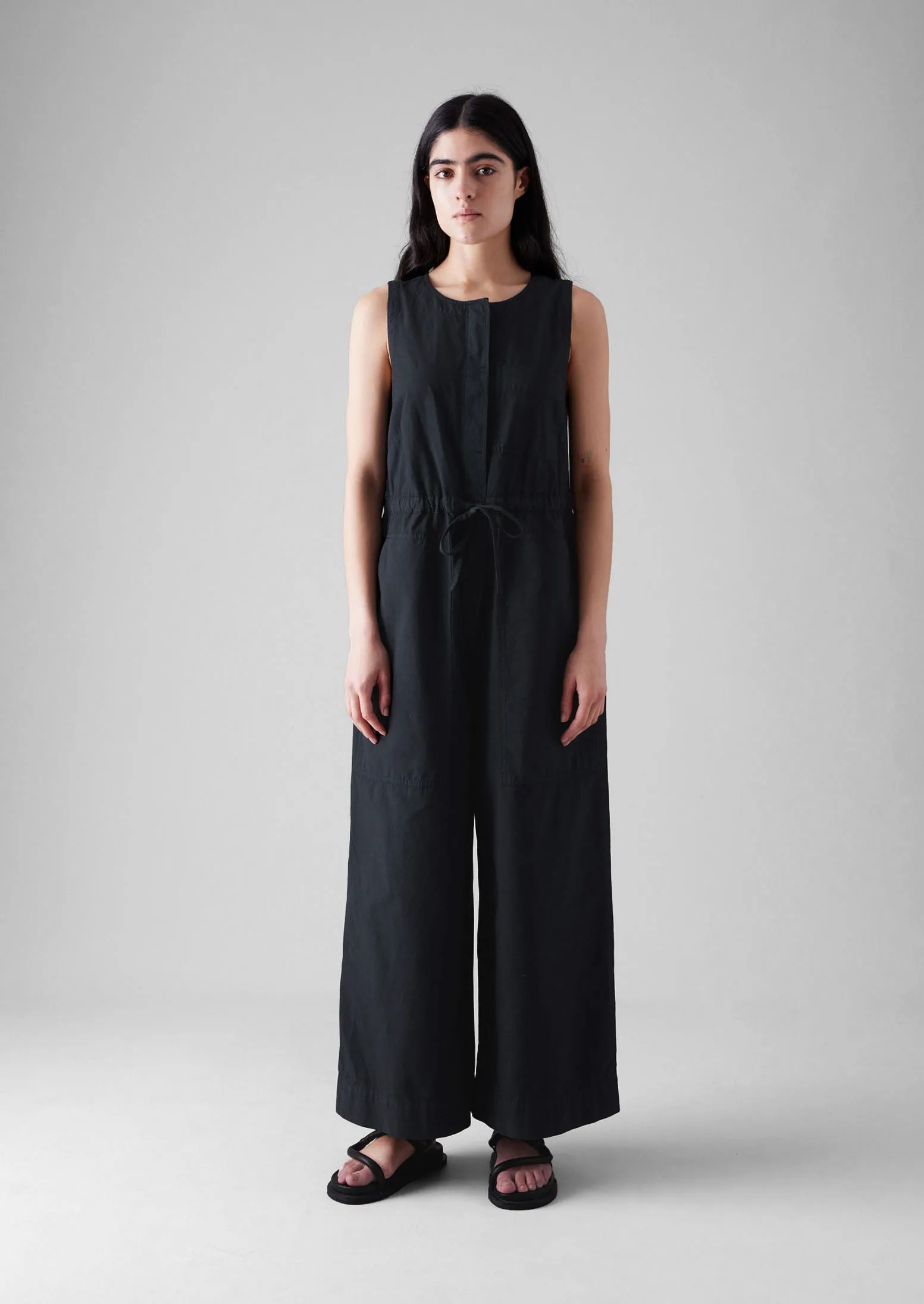 Comfort waistband Cotton Linen Wide Leg Jumpsuit | Soft Black
