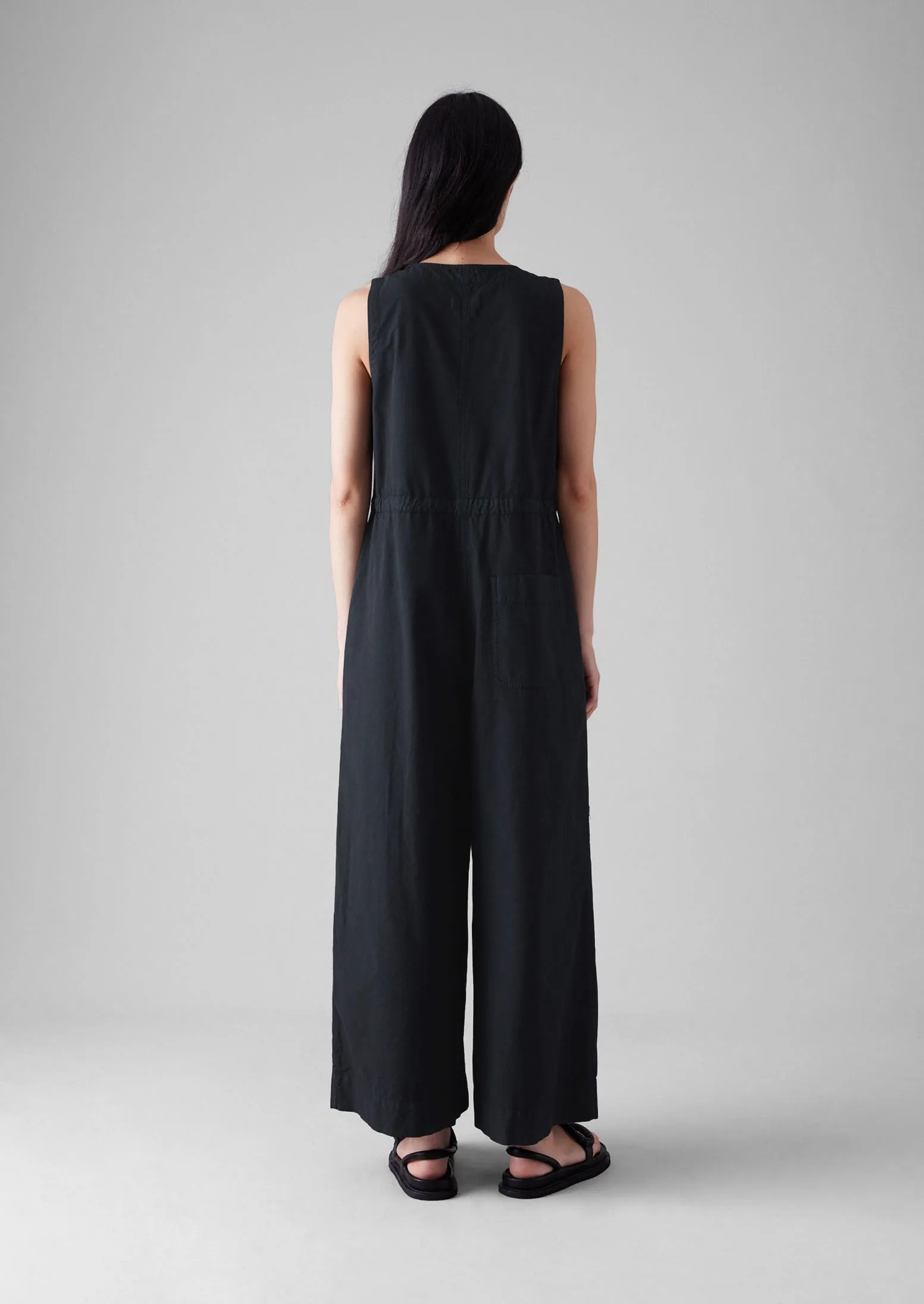 Cotton Linen Wide Leg Jumpsuit | Soft Black Functional Waist