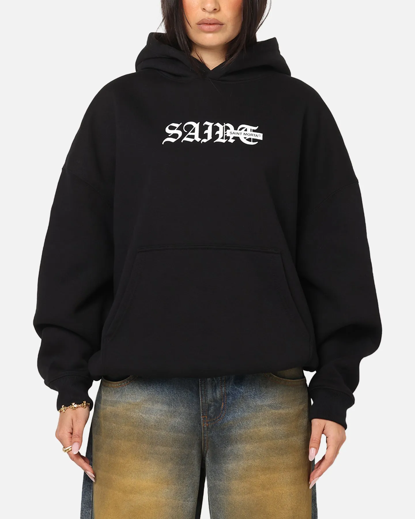 Muskox like Bold Print Saint Morta Gothic Stack Boxy Hoodie Black