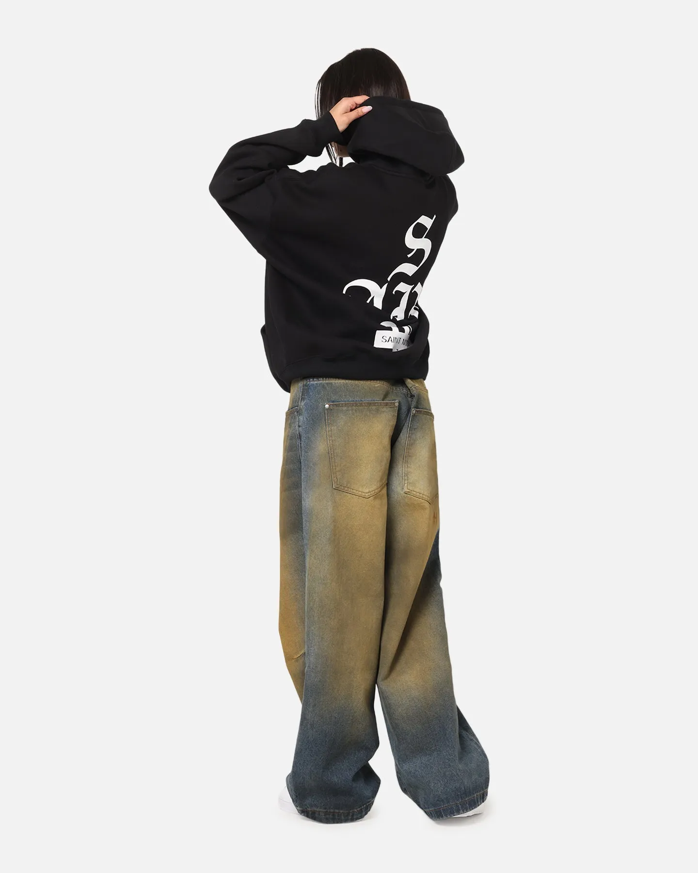 Saint Morta Gothic Stack Boxy Hoodie Black Zippered Pockets Bobcat like