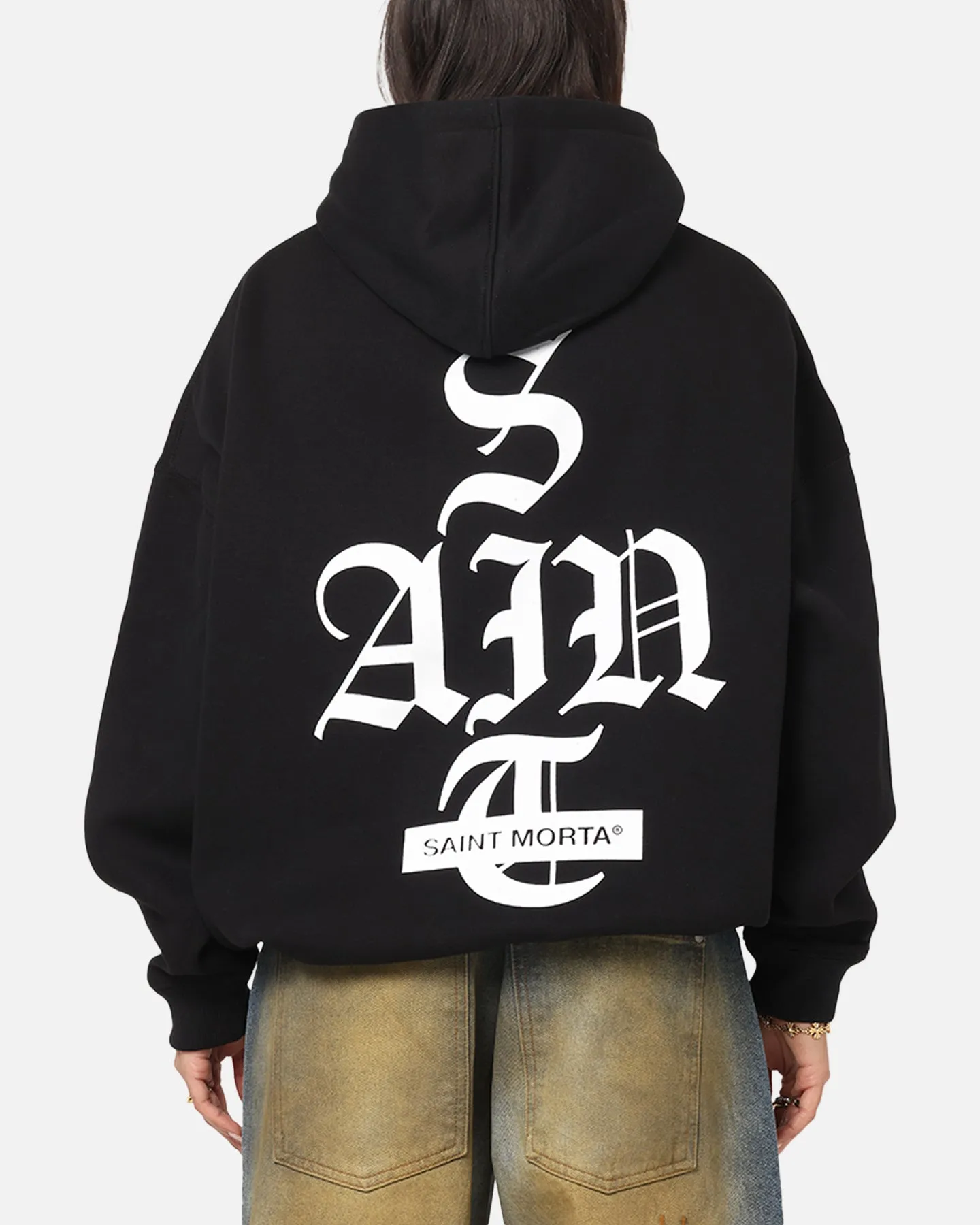 Saint Morta Gothic Stack Boxy Hoodie Black Compact Weave