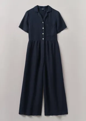 Gathered Waist Linen Jumpsuit | Midnight Slim Shape Printed design