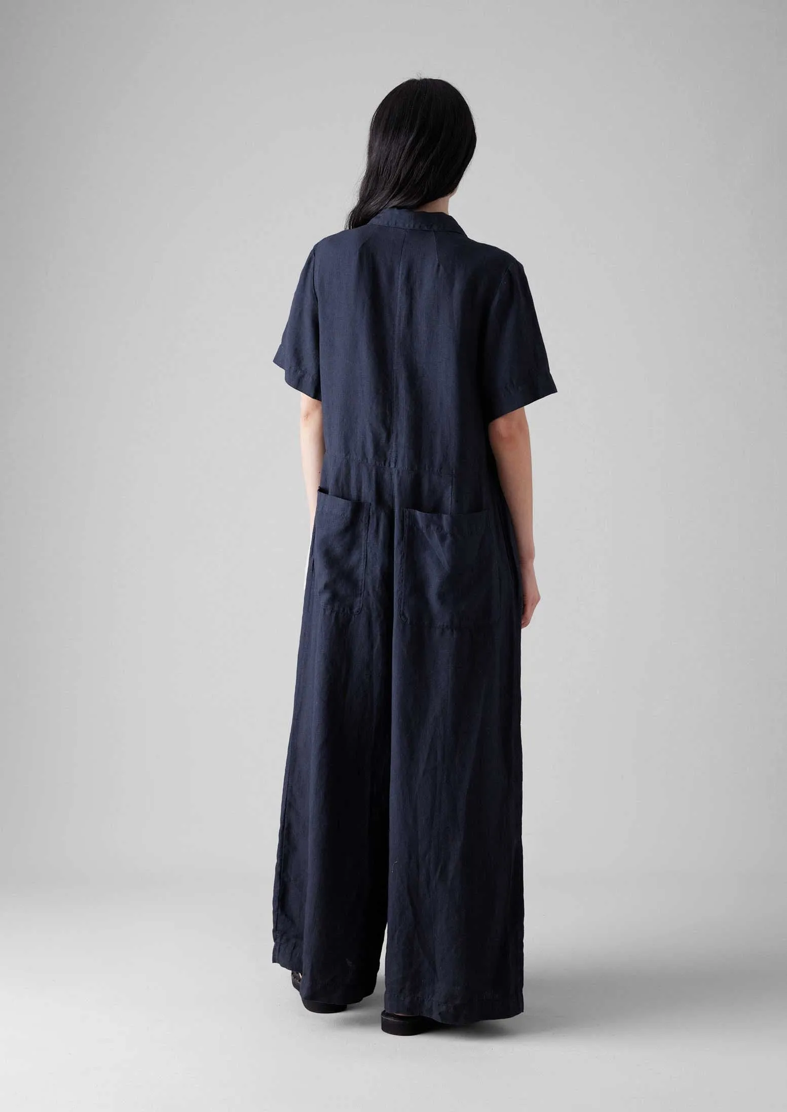 Side Pockets Mid-rise fit Gathered Waist Linen Jumpsuit | Midnight