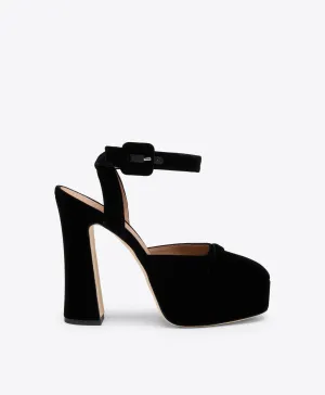 Glam Heeled Sandals Natural Material Mora Buckle 125 Black Velvet Platforms