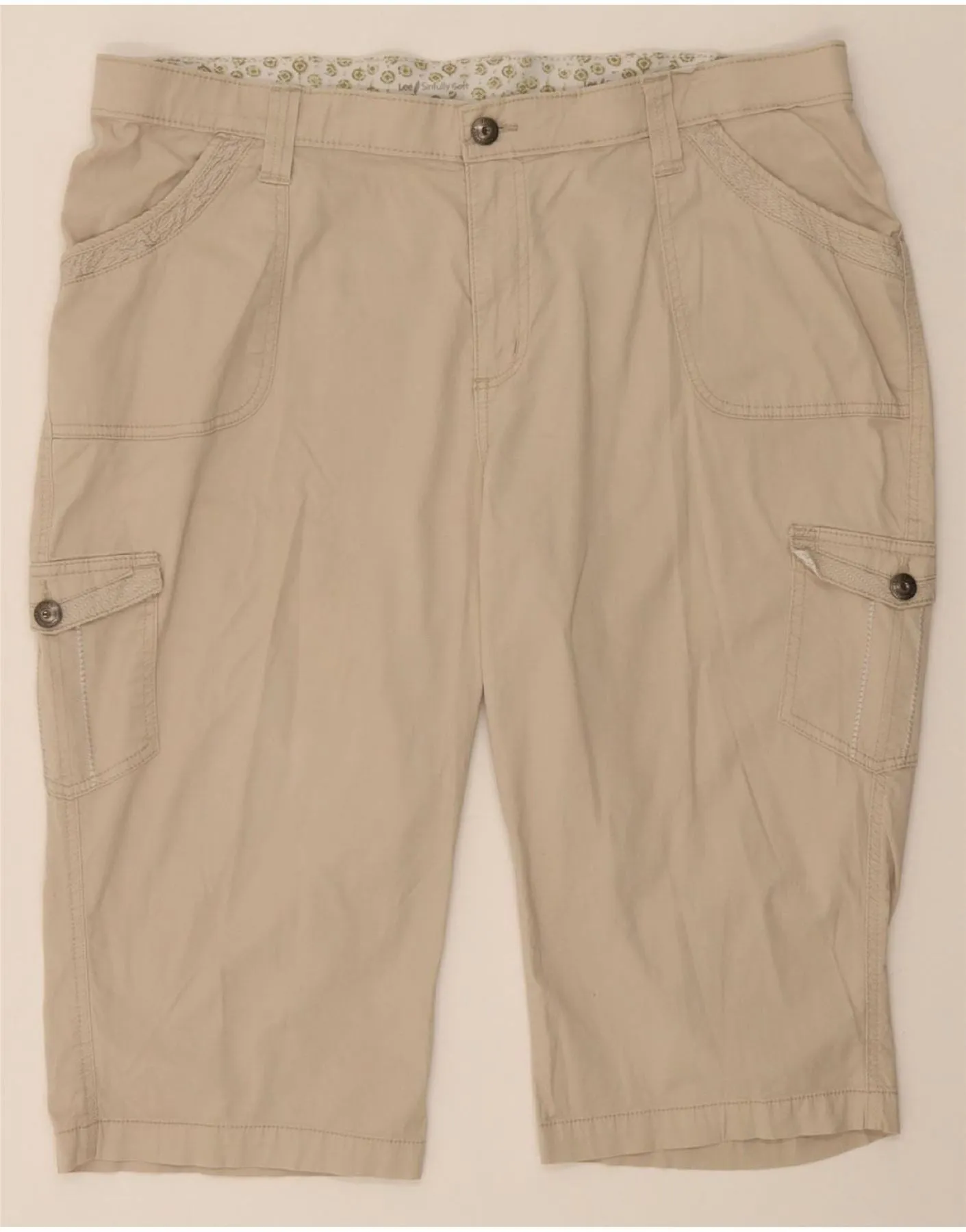 LEE Womens High Waist Cargo Bermuda Shorts US 18 2XL W38  Beige Cotton Secure Pocket Zippers