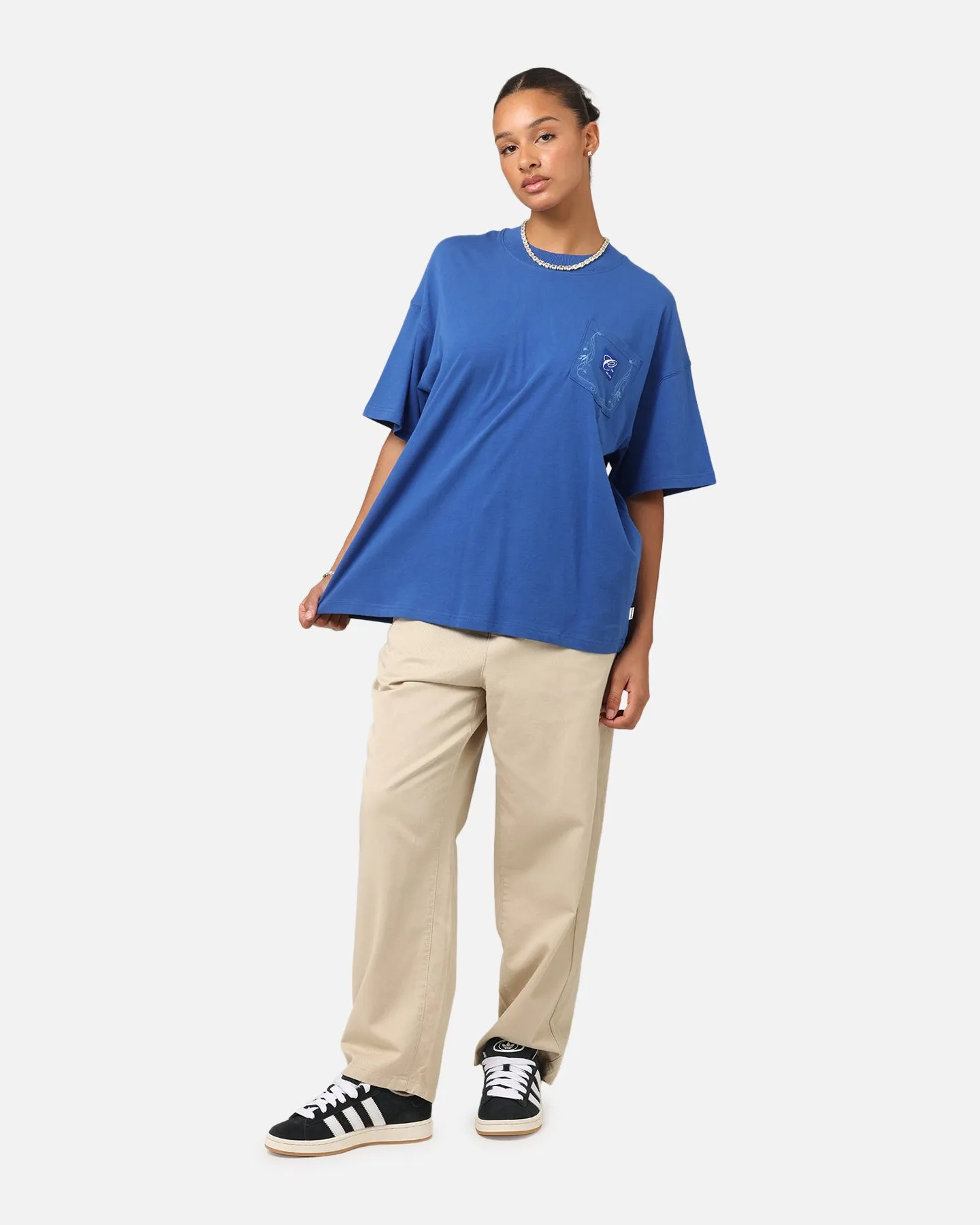 Carre Floral Pocket Oversized T-Shirt Blue V neck style Comfortable and stylish