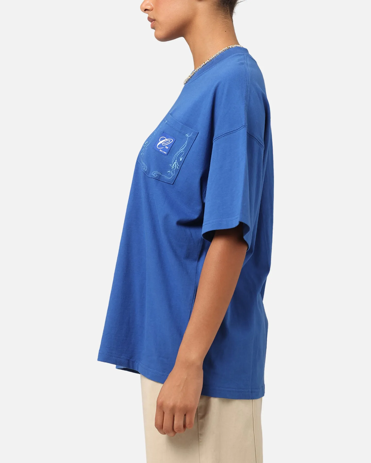 Wrinkle Resistant Material Carre Floral Pocket Oversized T-Shirt Blue