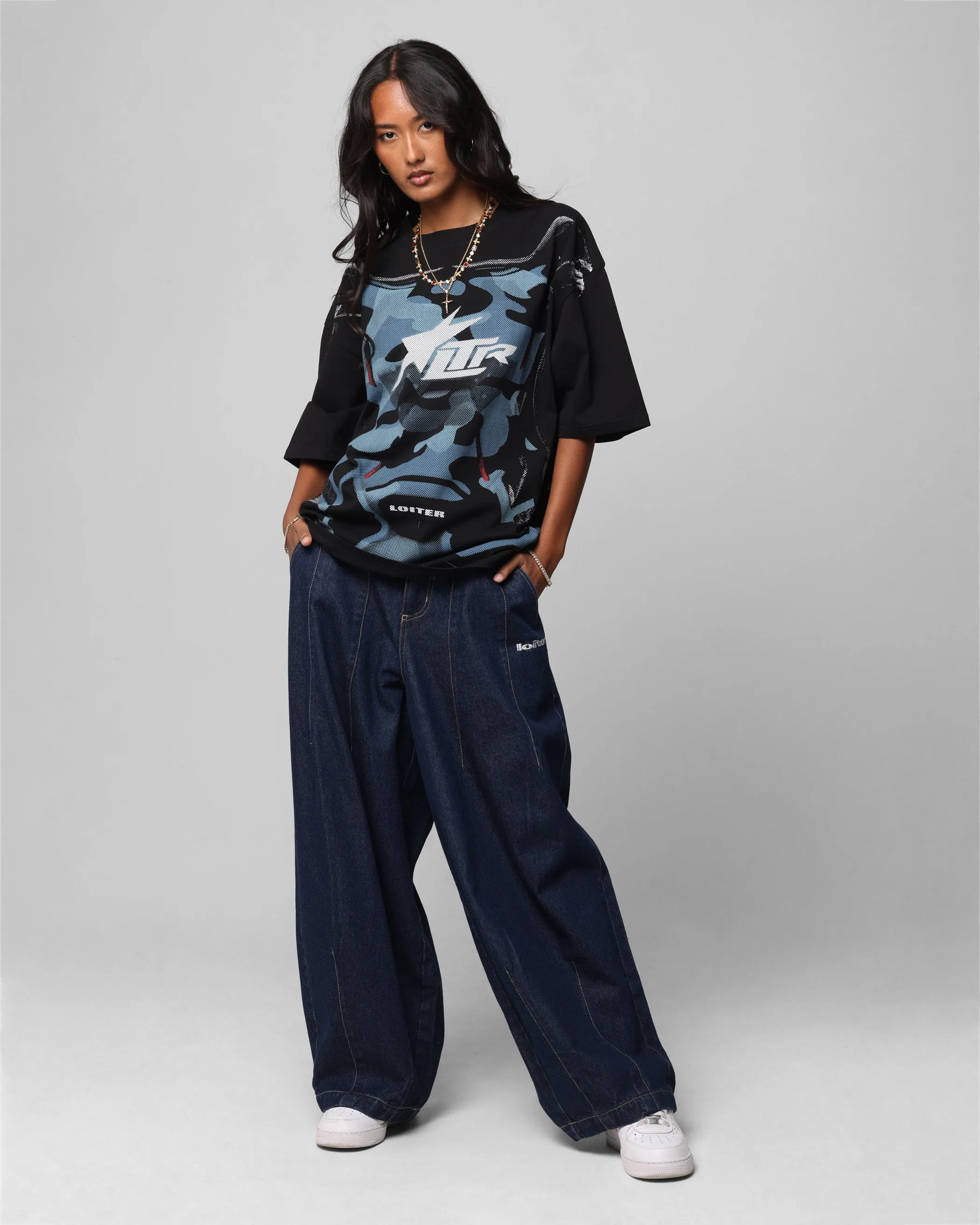 Simple and Comfortable Versatile Option Loiter Motocross Vintage T-Shirt Black/Navy Blue