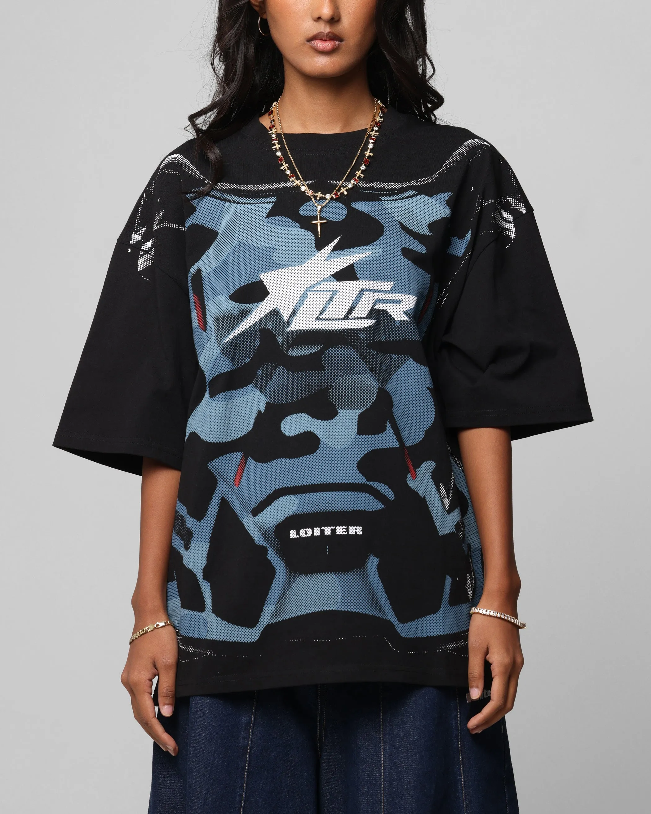 Heat Transfer Printing Cozy Look Loiter Motocross Vintage T-Shirt Black/Navy Blue