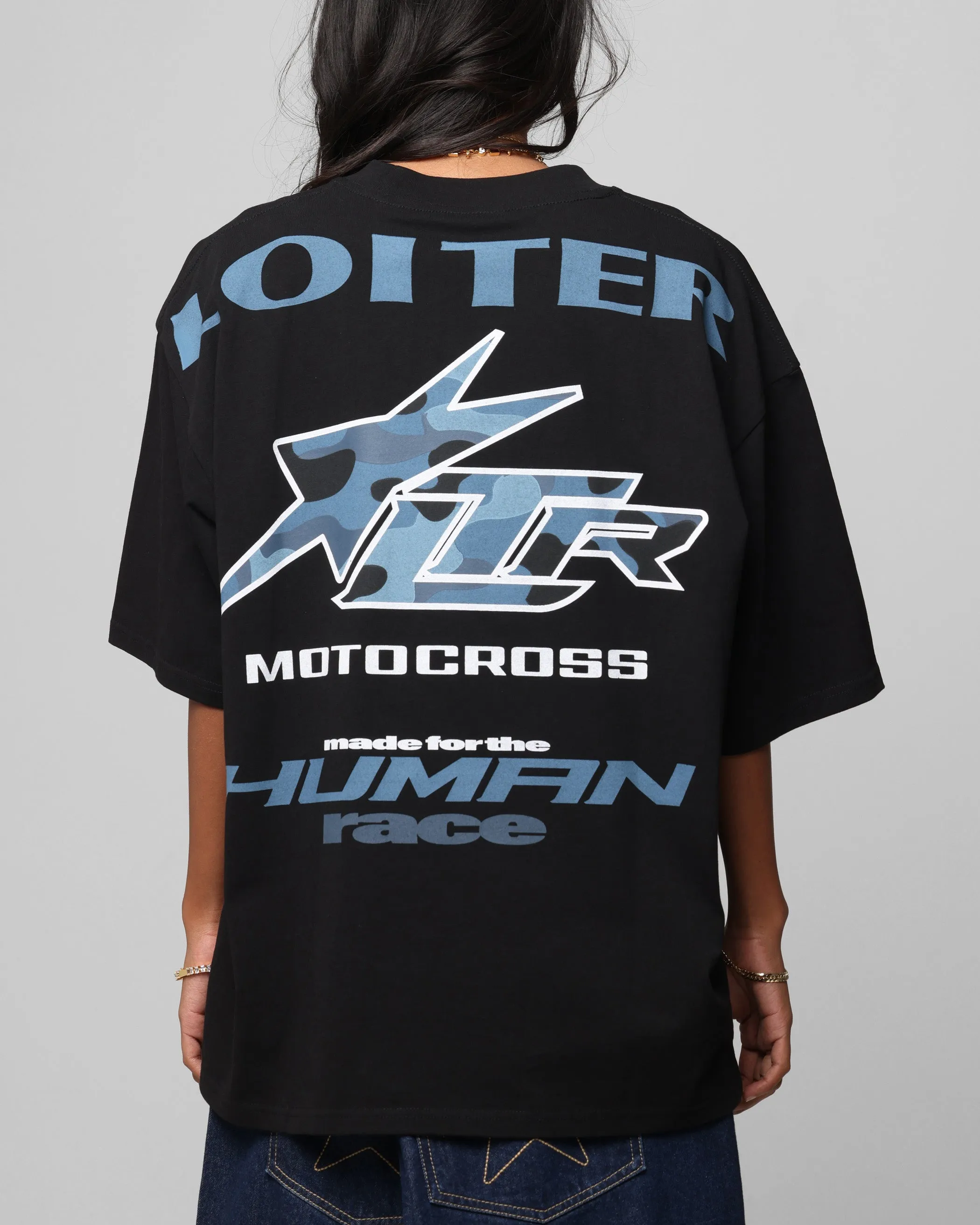 Loiter Motocross Vintage T-Shirt Black/Navy Blue Silk combination Beaded details