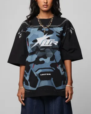 Heat Transfer Printing Cozy Look Loiter Motocross Vintage T-Shirt Black/Navy Blue