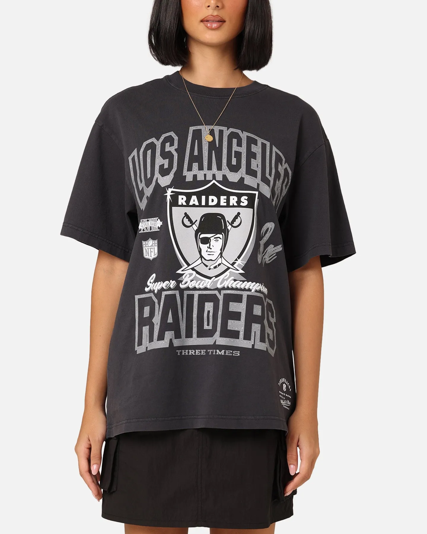 Mitchell & Ness Women's Las Vegas Raiders Arch Logo T-Shirt Faded Black Minimal Comfort Soft And Comfortable