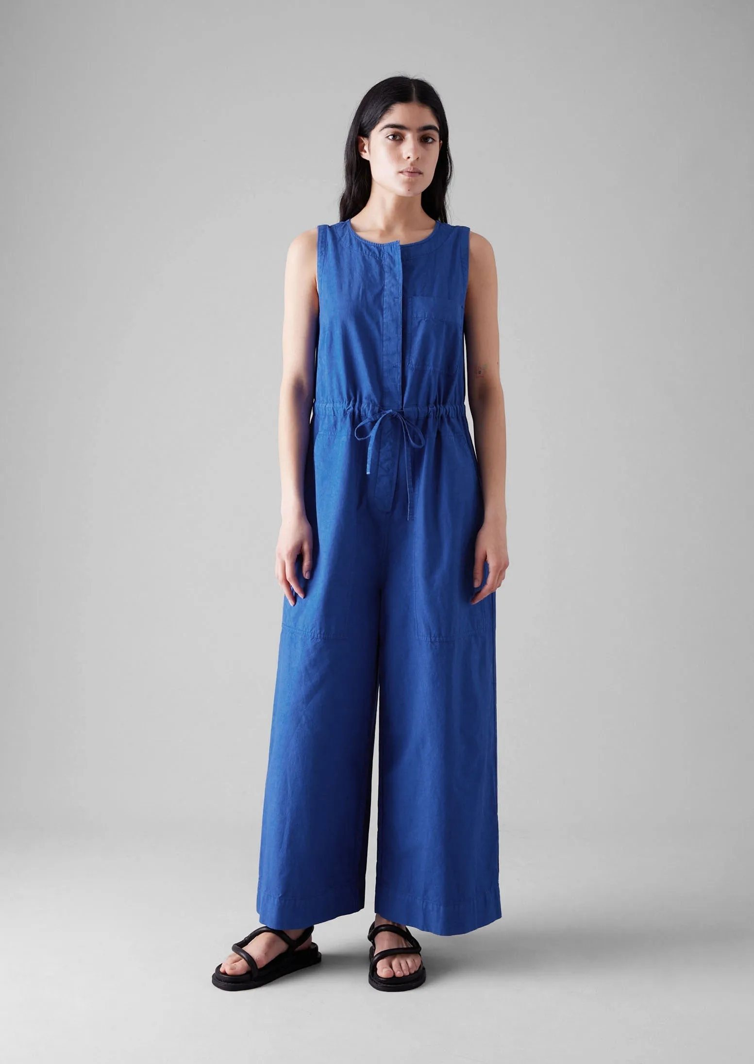 Snag Resistant Fabric Basic Look Cotton Linen Wide Leg Jumpsuit | Smalt