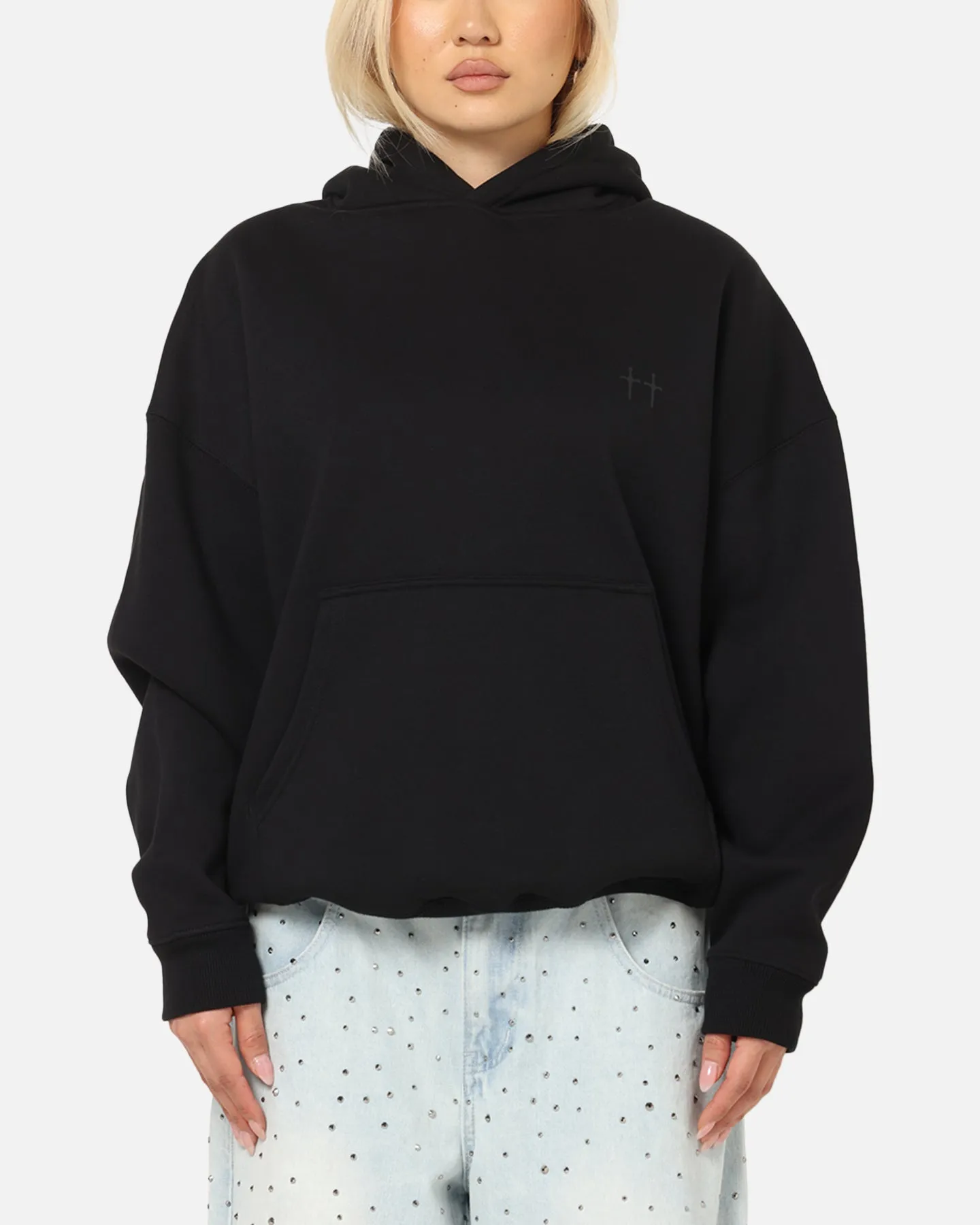 Saint Morta Studios Boxy Hoodie Black Lifestyle Mode Runway Inspired
