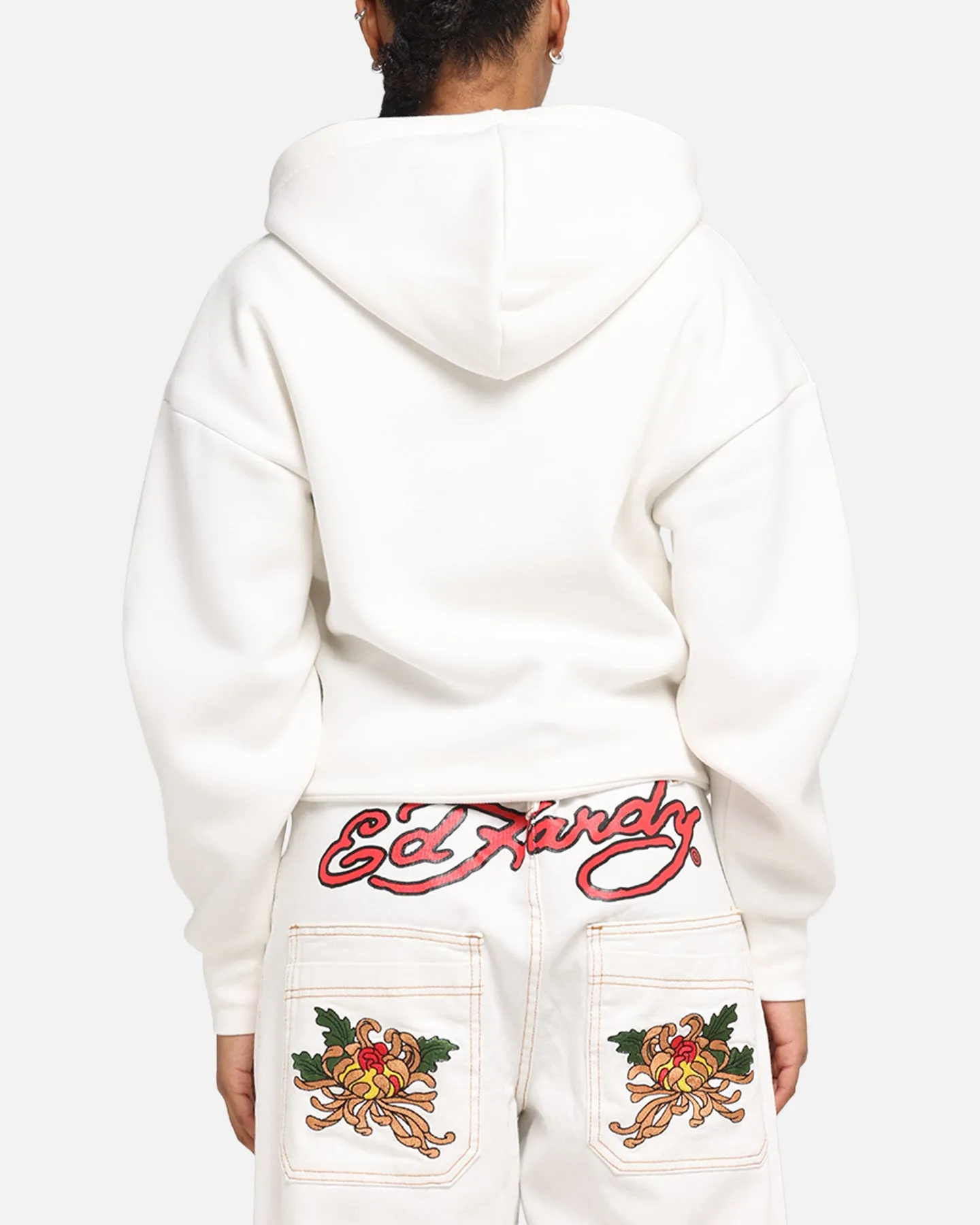 Ed Hardy Eagle Rhinestone Zip Hoodie Off White Long Sleeves