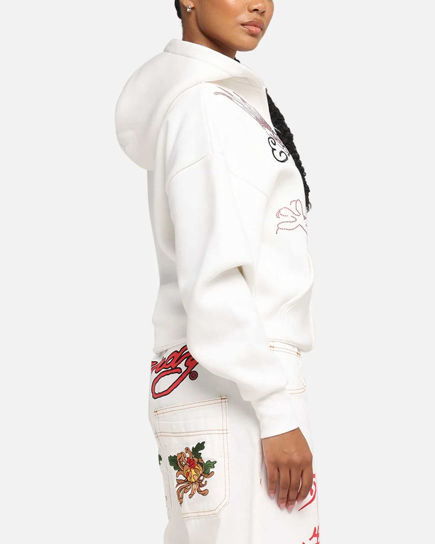 Non Restrictive Cut Ed Hardy Eagle Rhinestone Zip Hoodie Off White