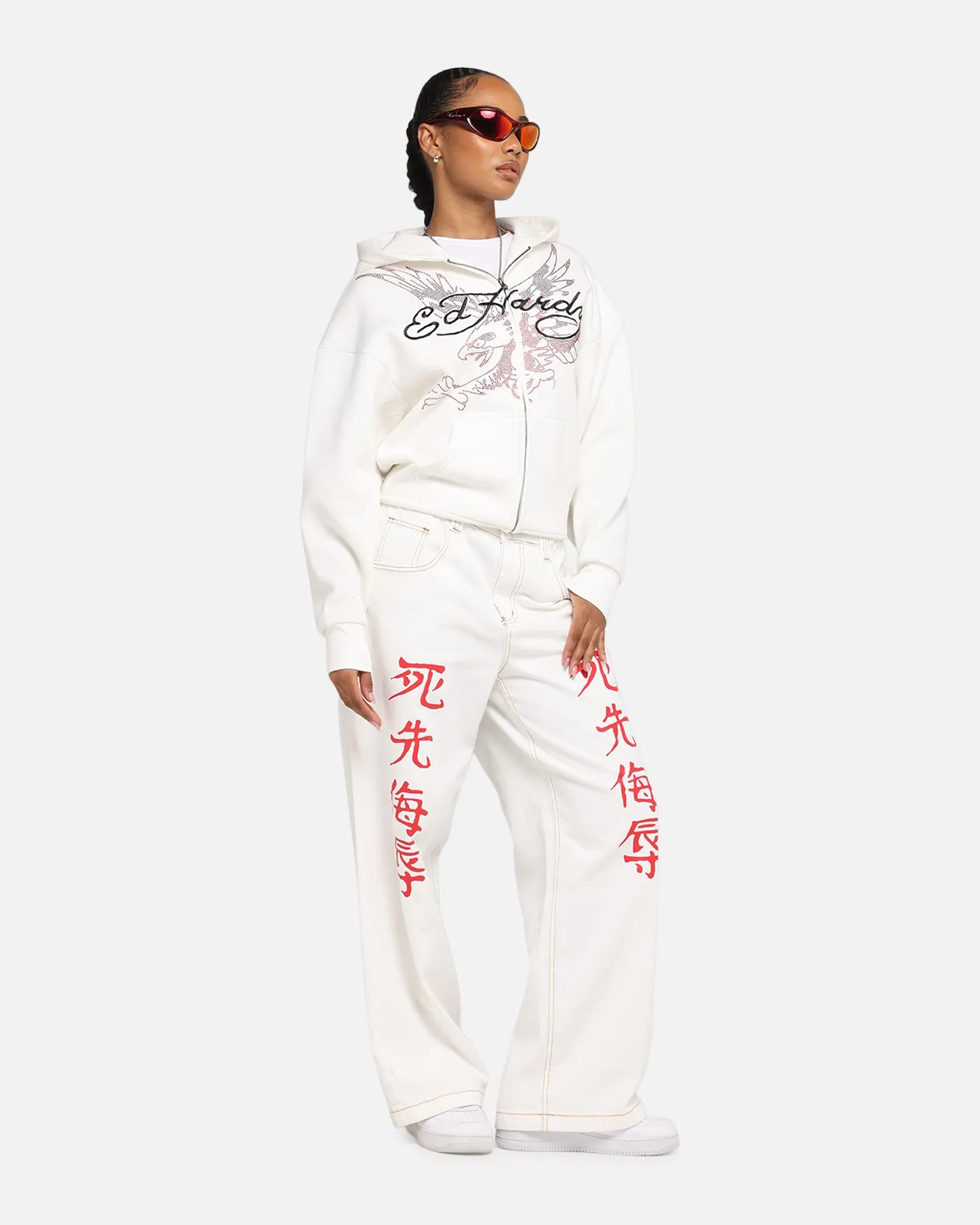 Ed Hardy Eagle Rhinestone Zip Hoodie Off White Leisure Apparel Bee like