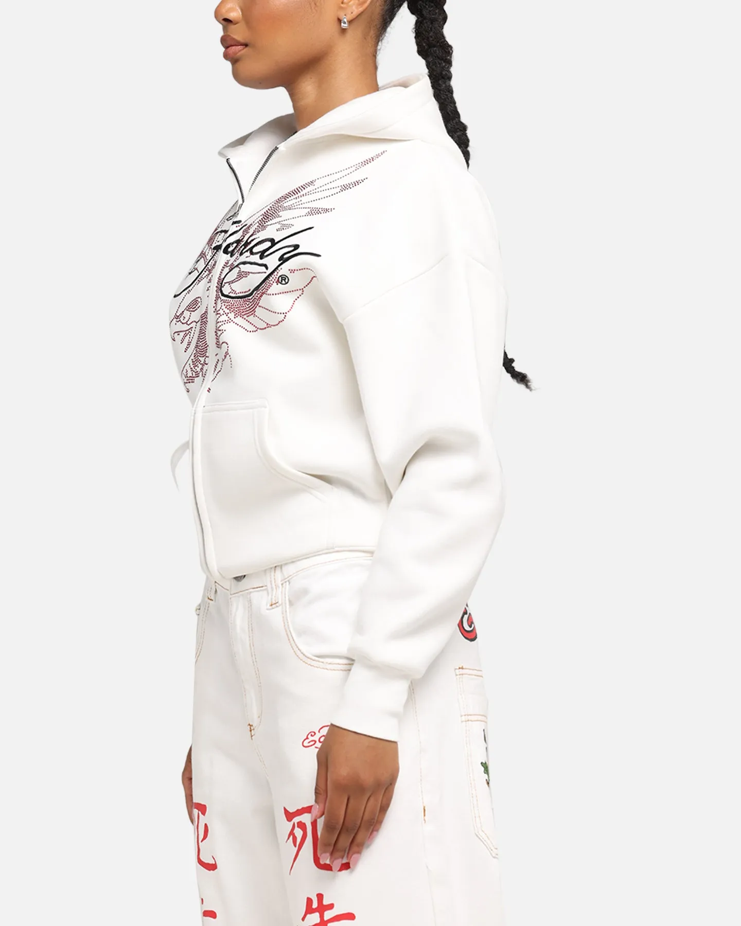 City Scene Ed Hardy Eagle Rhinestone Zip Hoodie Off White