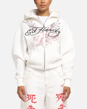 Ed Hardy Eagle Rhinestone Zip Hoodie Off White Earth Tones Statement Sleeves