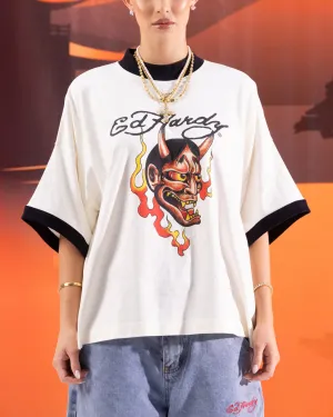 Ed Hardy Devil Ringer T-Shirt Off White Perfect Fit Wear Ultra Soft Texture
